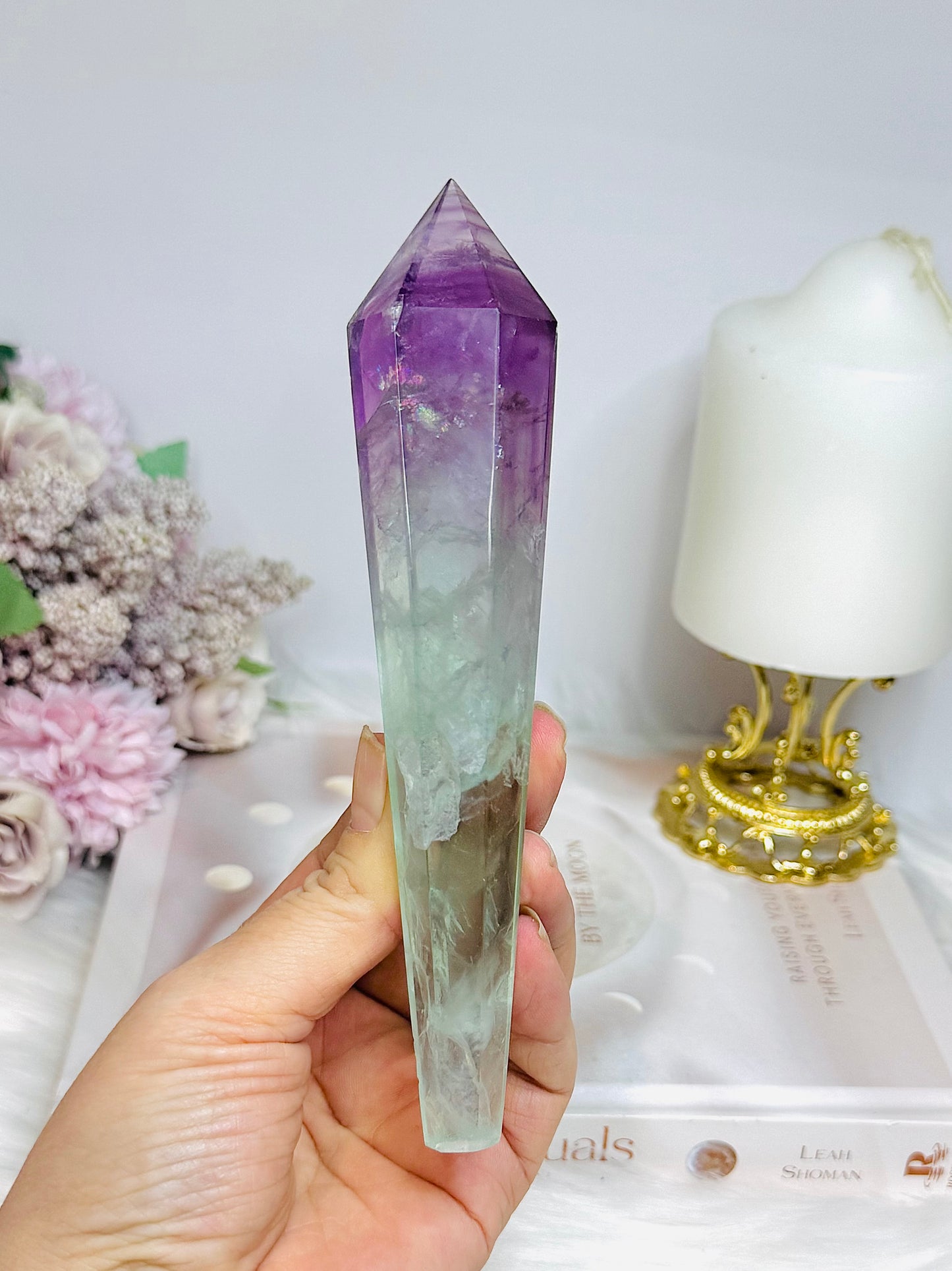 Watermelon Fluorite Tower | Wand with Rainbows 15.5cm
