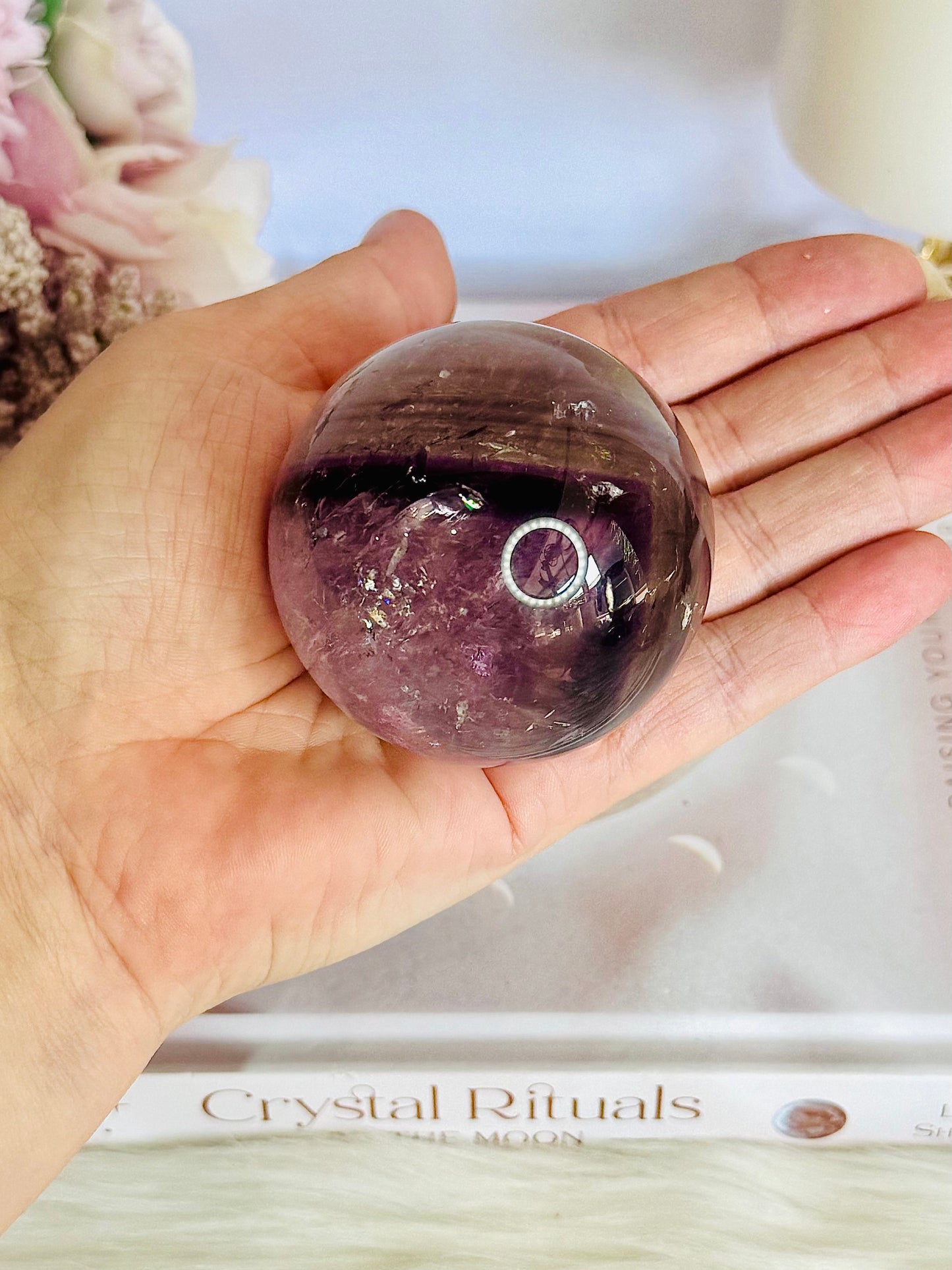 Incredible Phantom Amethyst Sphere with Rainbows 261grams On Stand