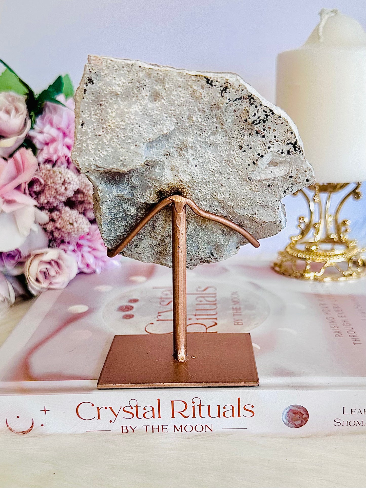 Absolutely Gorgeous Shiny Zeolite | Flower Amethyst Slice On Rose Gold Stand From Brazil 13cm