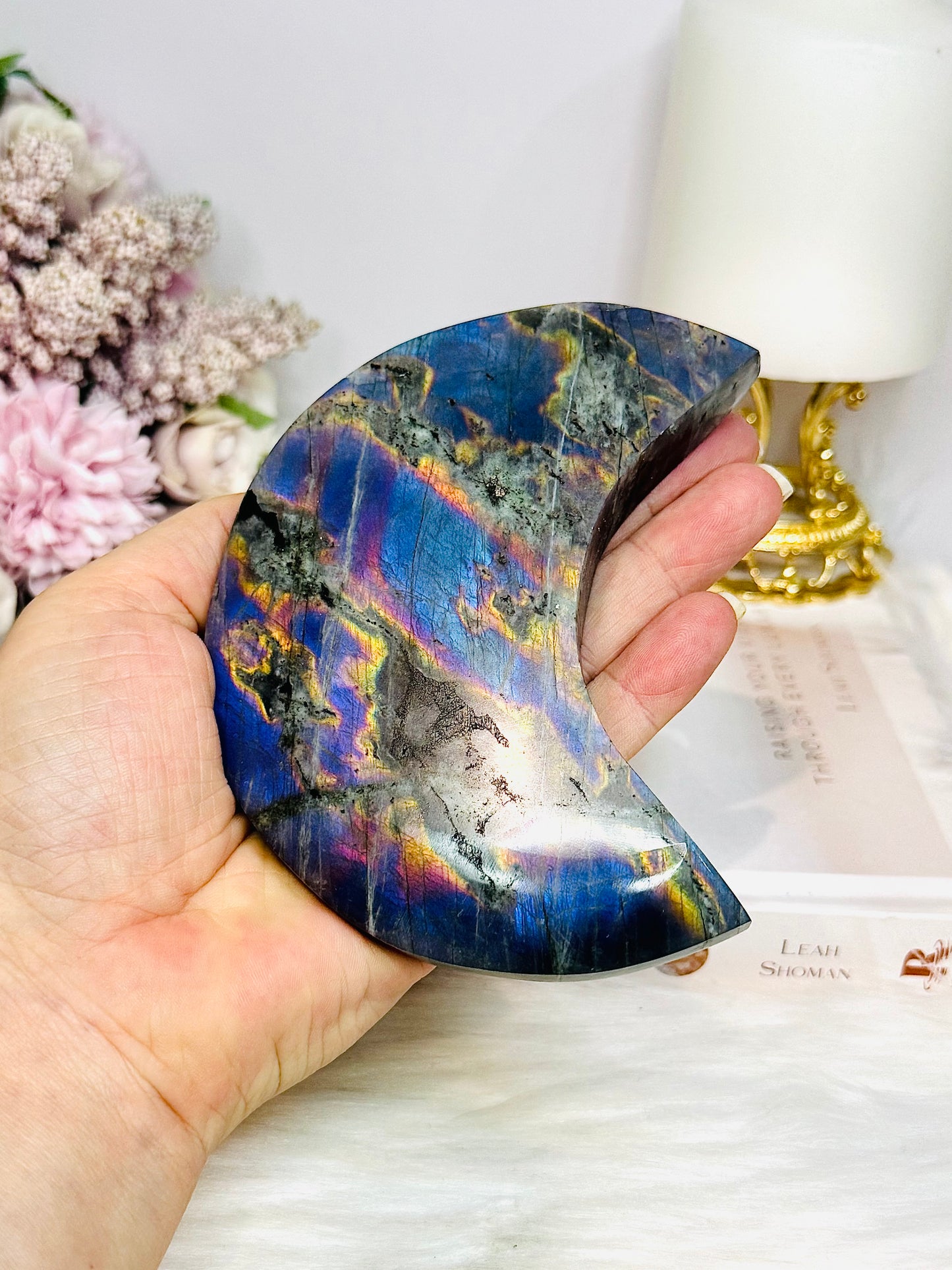 High Grade Large Labradorite Carved Moon Full of Flash 19.5cm