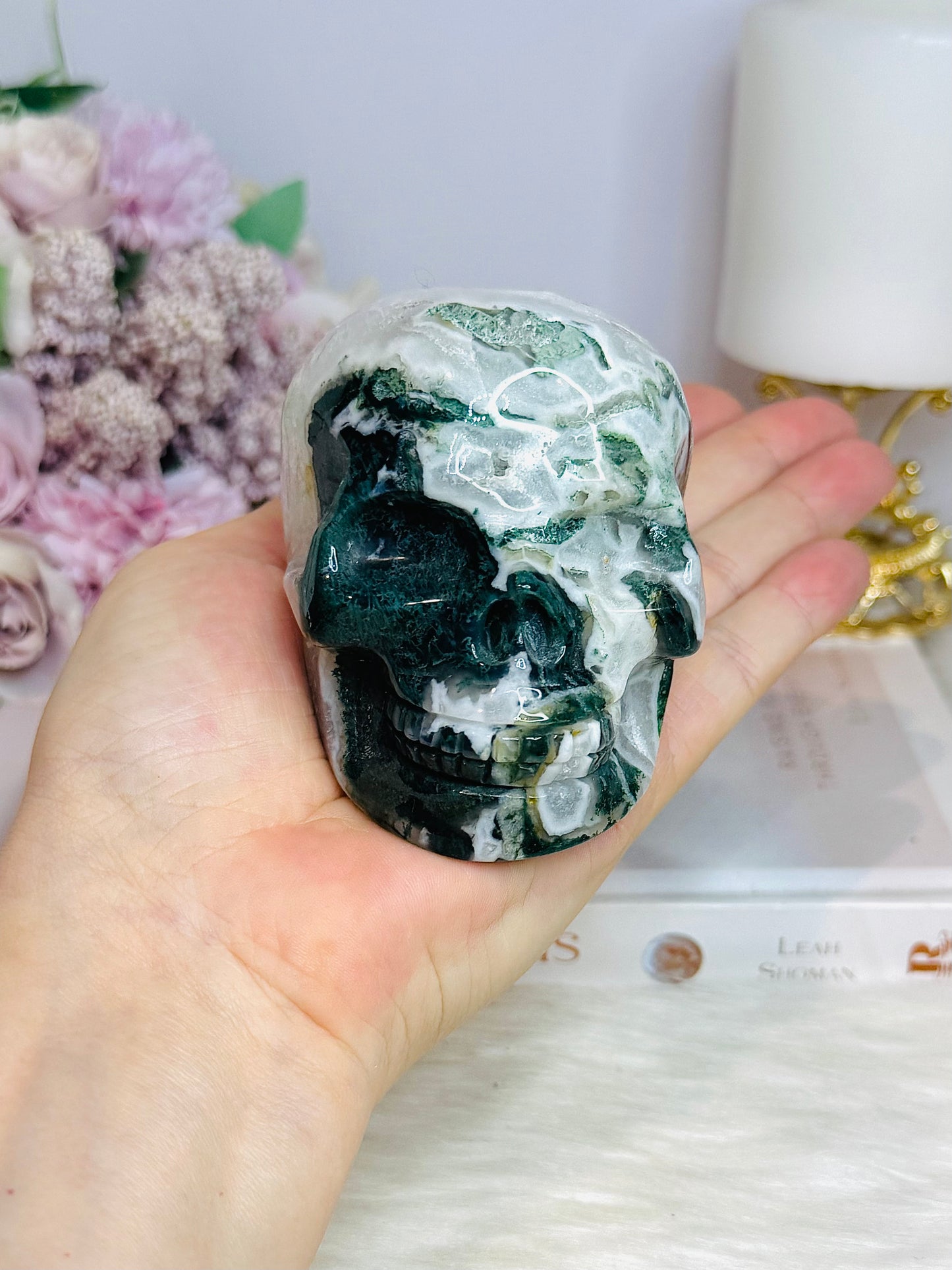 Large Moss Agate Carved Skull 9cm 469g