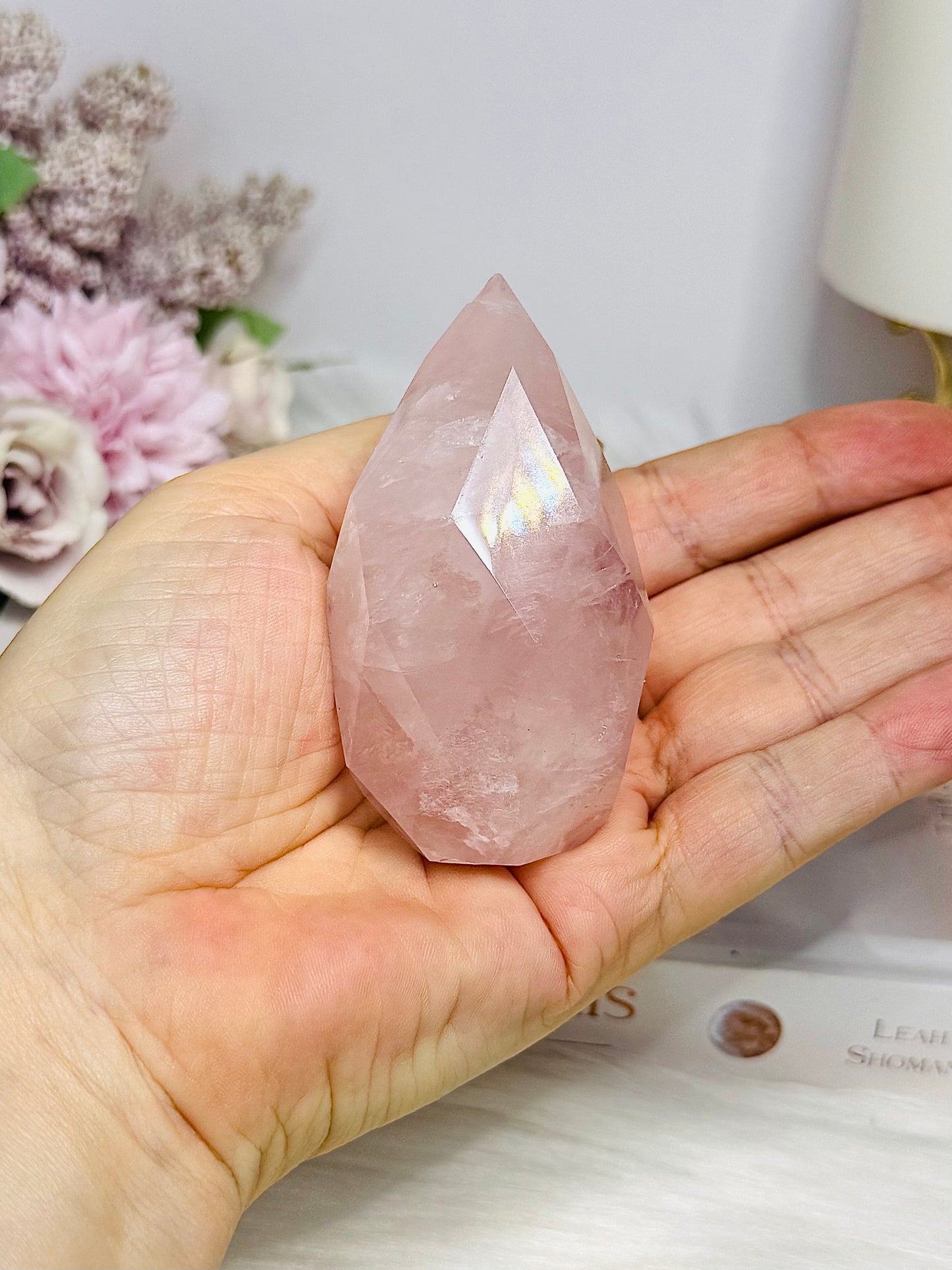Rose Quartz Carved Faceted Diamond on Stand 15cm