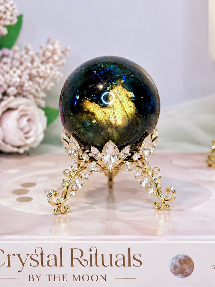 Large Labradorite Sphere 449g On Silver Stand (stand used in pic is display only)