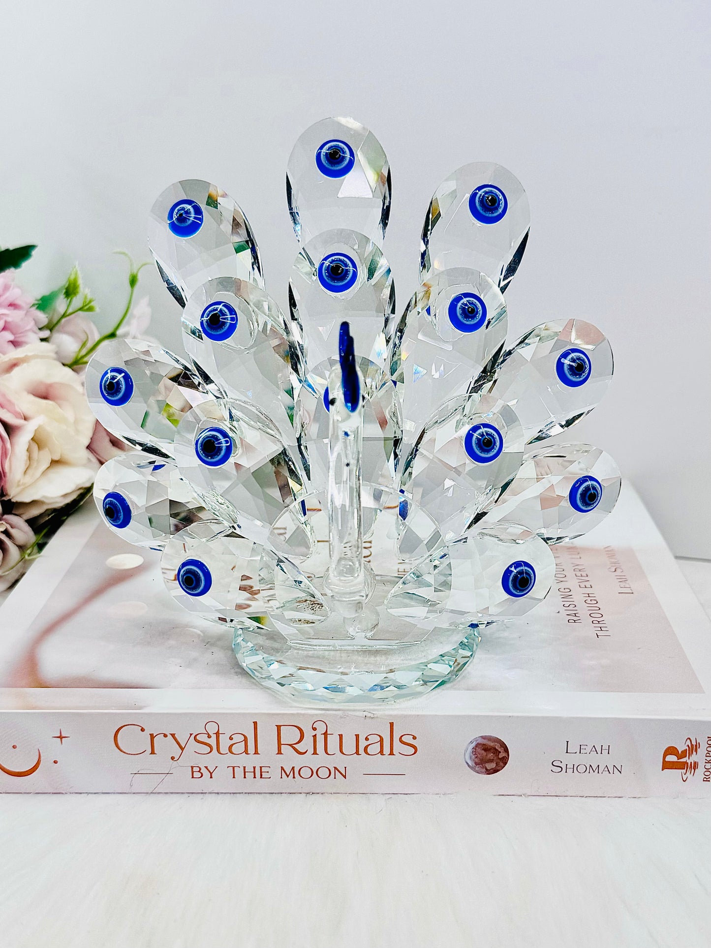 For Protection ~ Exquisite Large 15cm Glass Evil Eye Peacock Figurine combining elegance and mystique