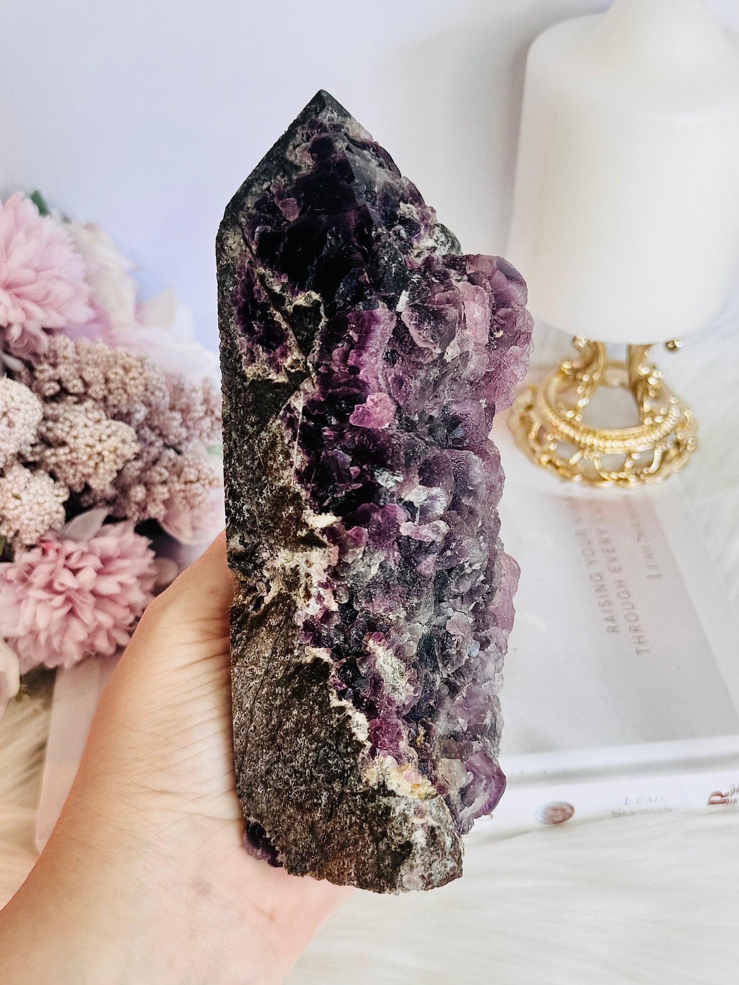 Absolutely Incredible Large Chunky 17cm Natural Druzy Purple Root Fluorite Tower