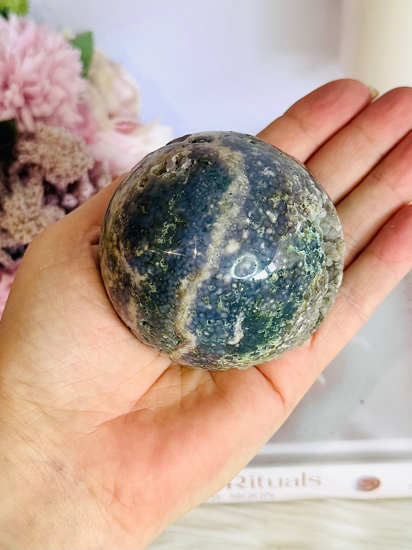 Gorgeous Natural Large Grape Agate Sphere 314grams On Stand