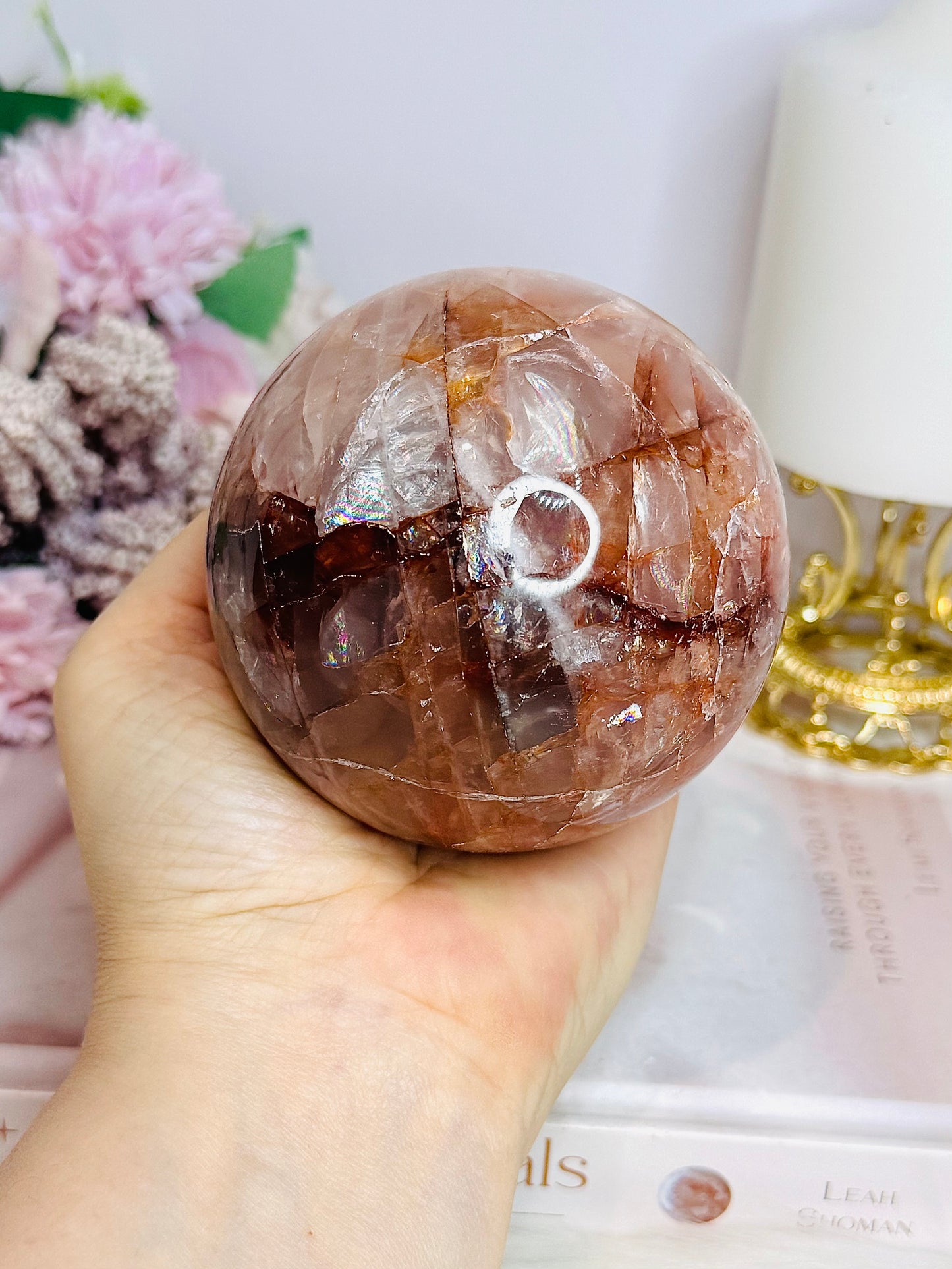 High Grade Large Fire Quartz | Hematoid Quartz Sphere with Rainbows on Stand 725g