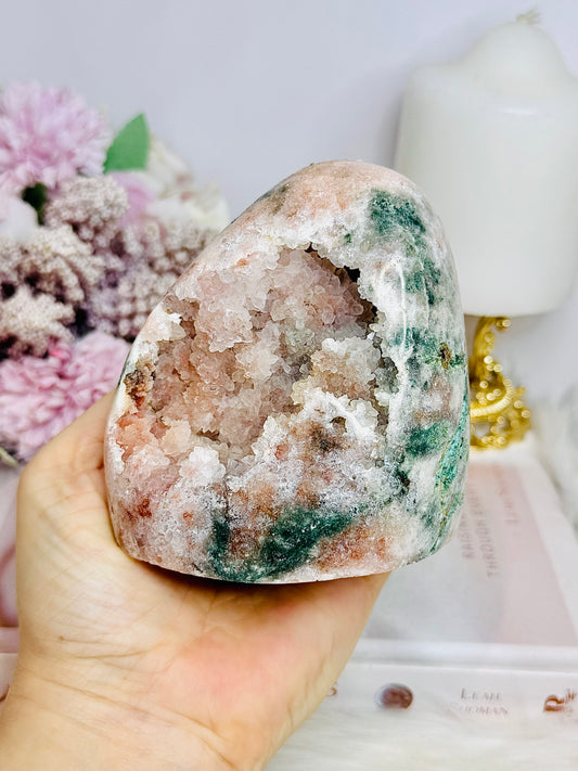 Natural Pink Amethyst Large Druzy Base Cut Cluster with Green Jasper Inclusions 673g
