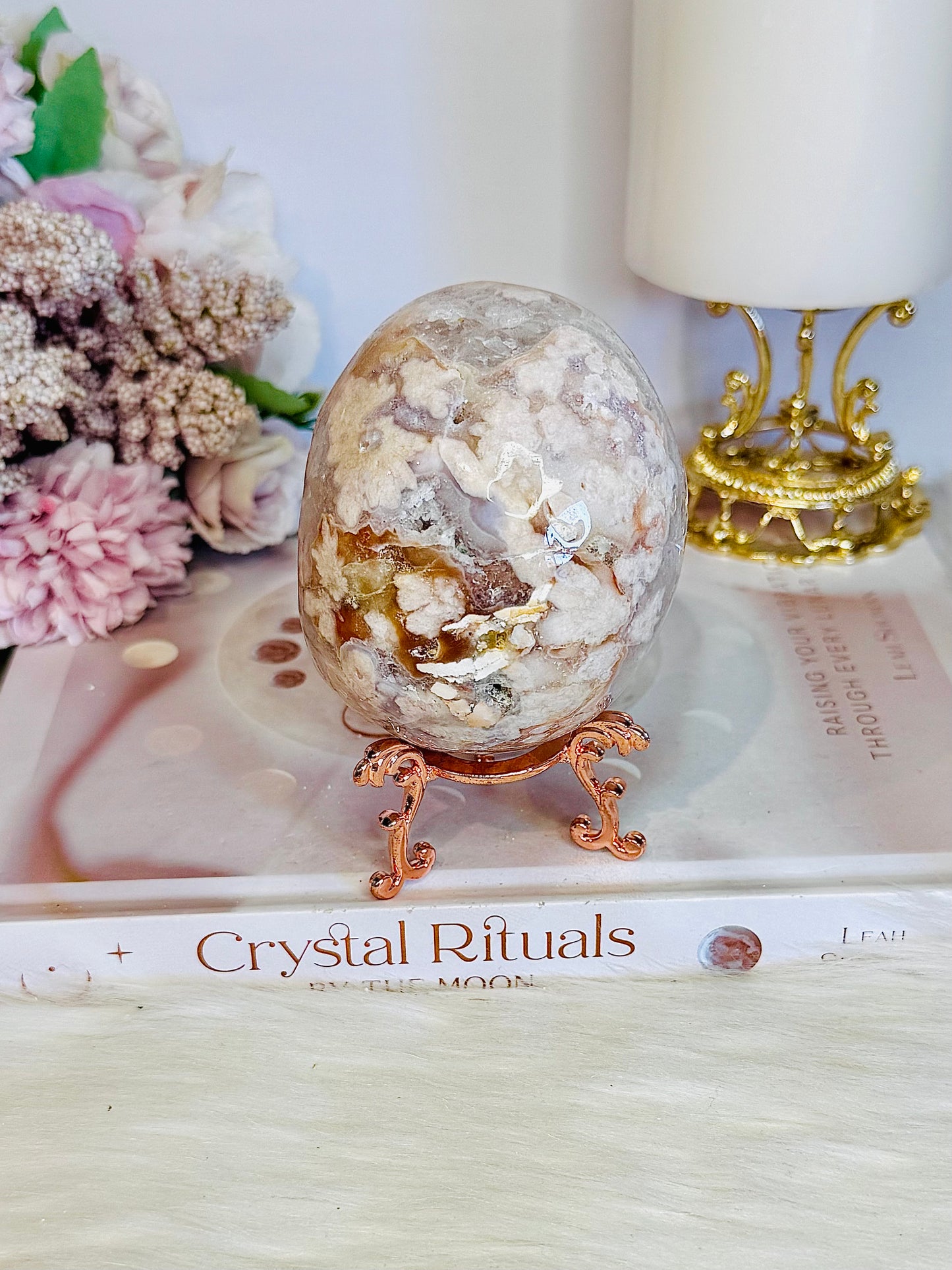 Druzy Flower Agate Egg On Stand 351grams
