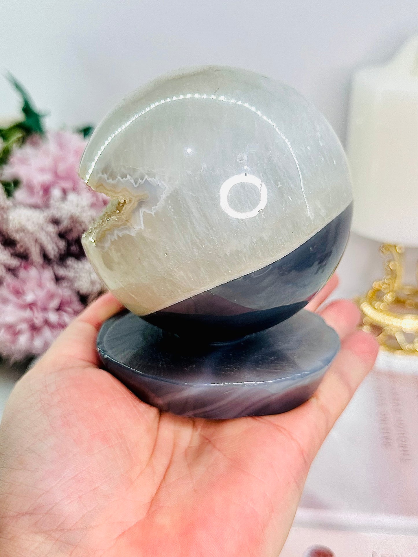 So Unique!!! Stunning Large Druzy Agate Sphere with Agate Base Stands Alone 887gram