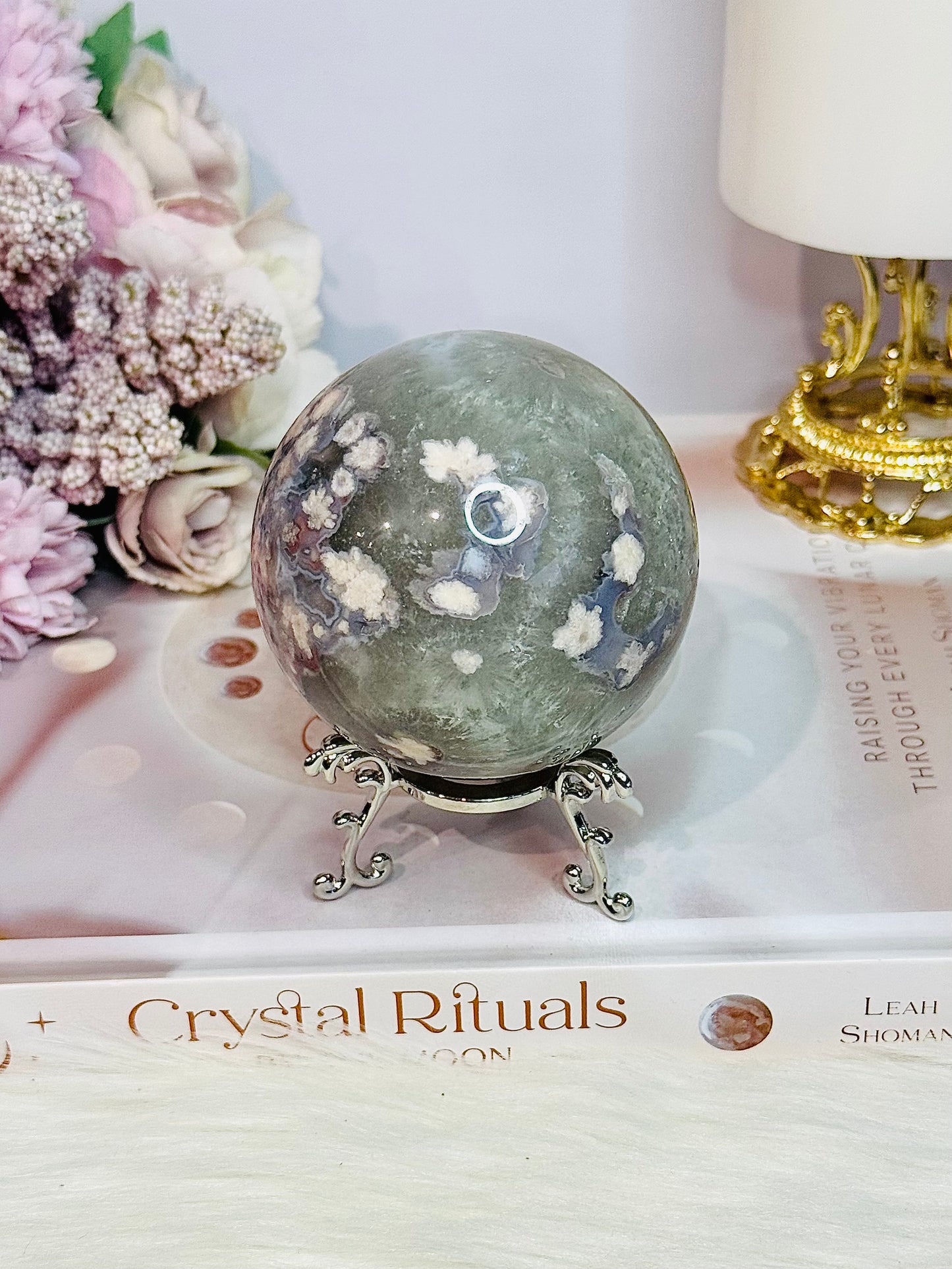 Elegant Green Flower| Blossom Agate Sphere On Stand 289grams