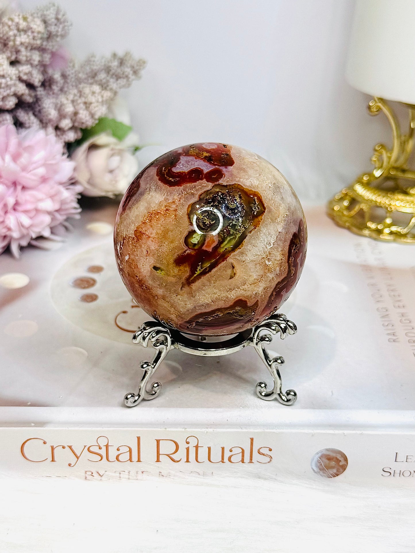 Druzy Red Moss Agate Sphere On Stand 271g