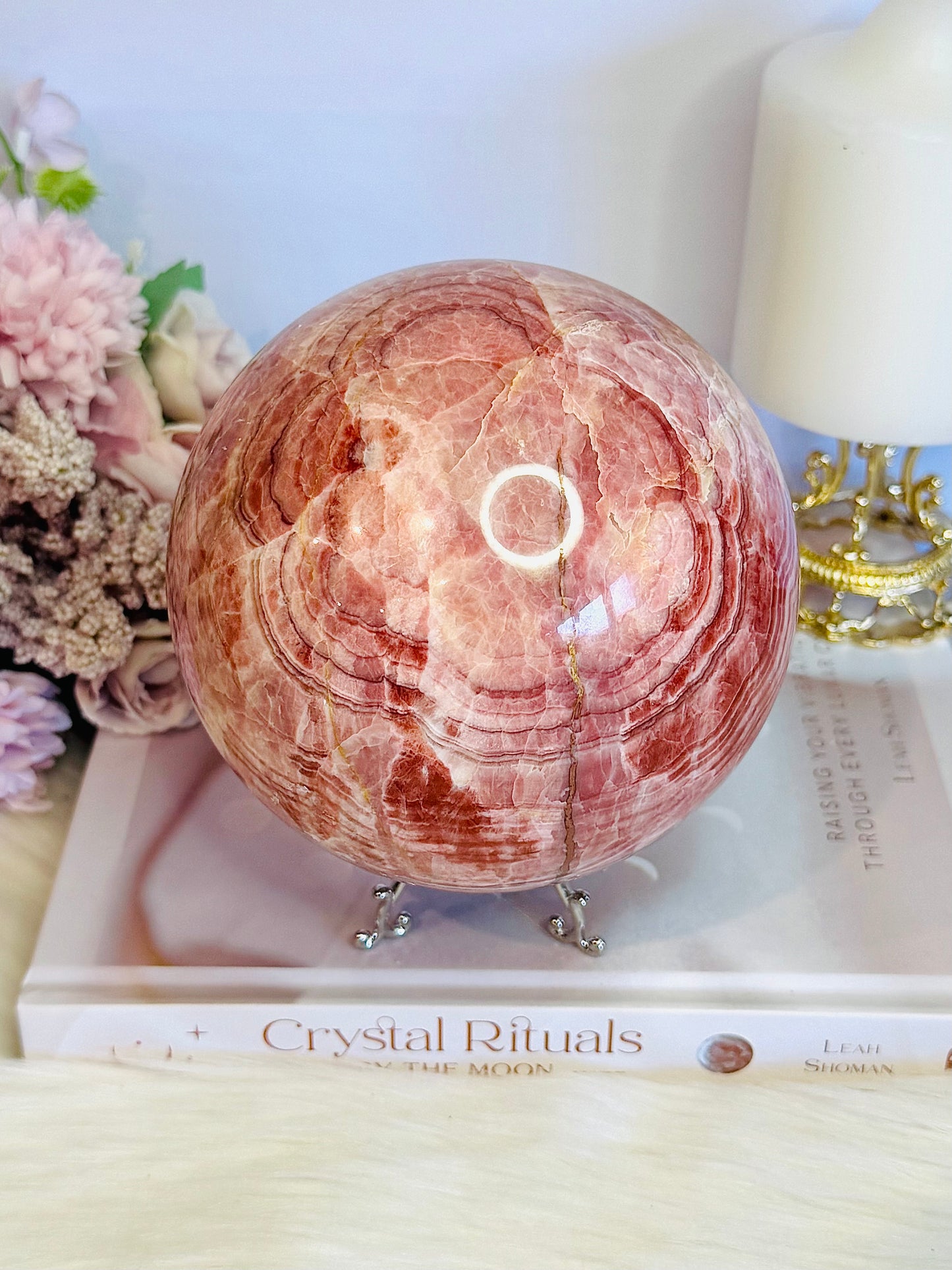 Huge 2.3KG Red Banded Calcite | Pork Stone Sphere On Stand