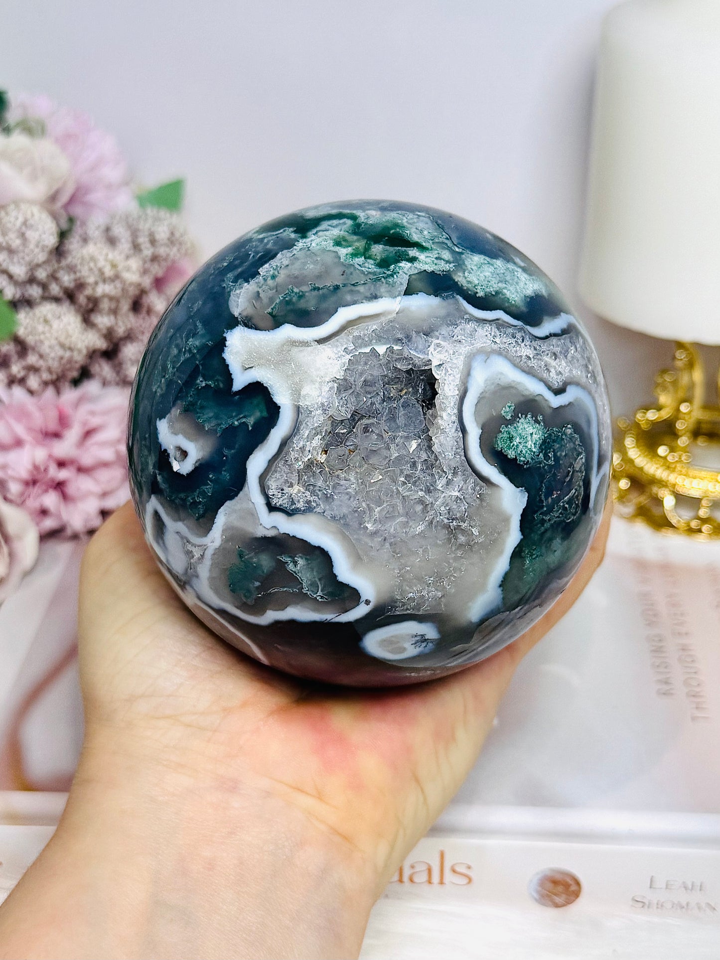 High Grade Druzy Moss Agate Sphere on Stand 1.09KG