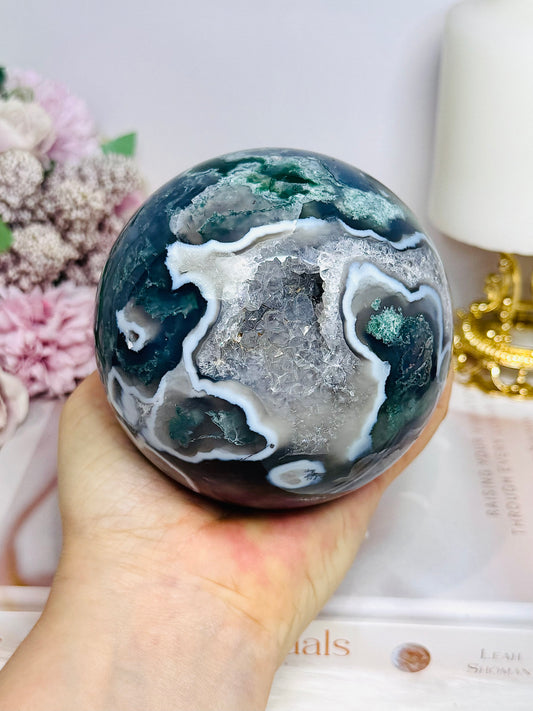 High Grade Druzy Moss Agate Sphere on Stand 1.09KG