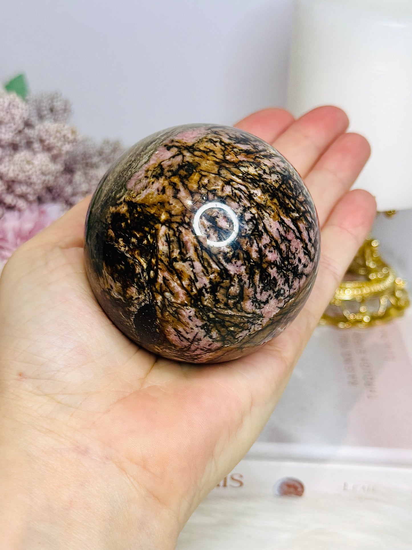 Large Rhodonite Sphere 561g On Stand