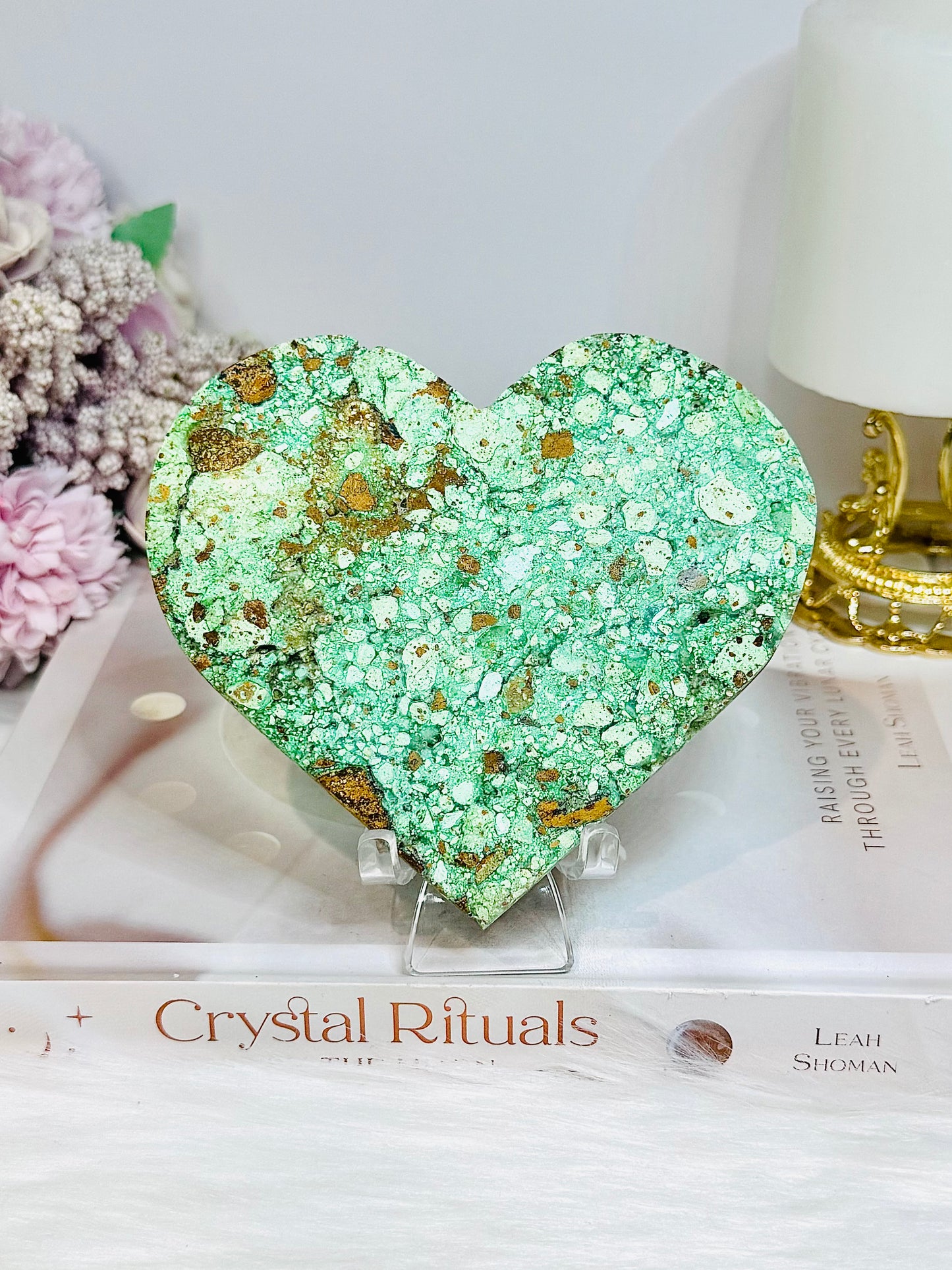 Large Natural Variscite Carved Heart on Stand 12cm