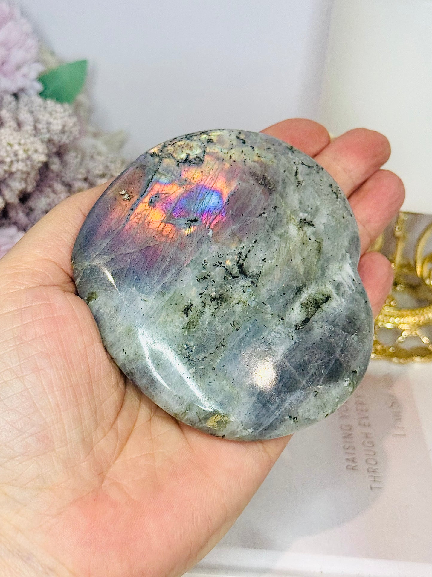 Large Labradorite Carved Heart with Purple Flash 9cm