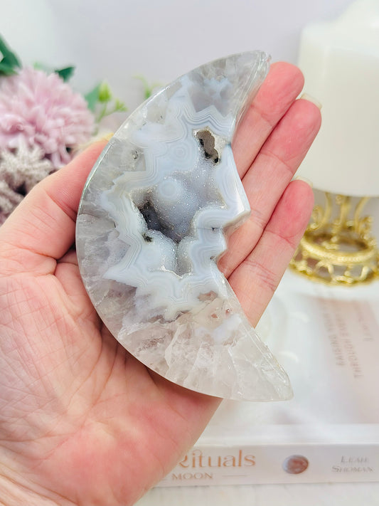 Druzy Agate Carved Moon 12cm