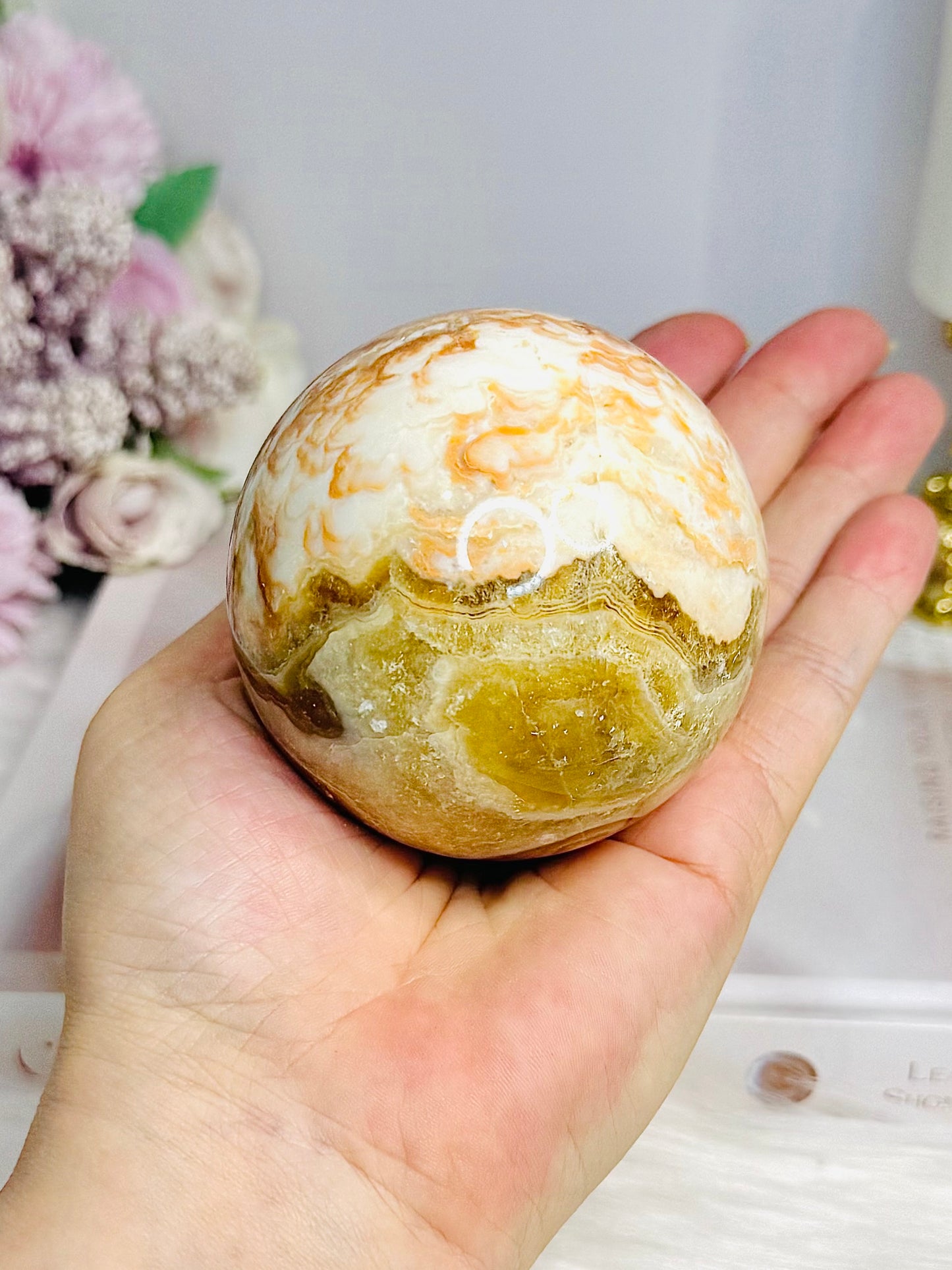 Large Orange Calcite Sphere on Stand 438g
