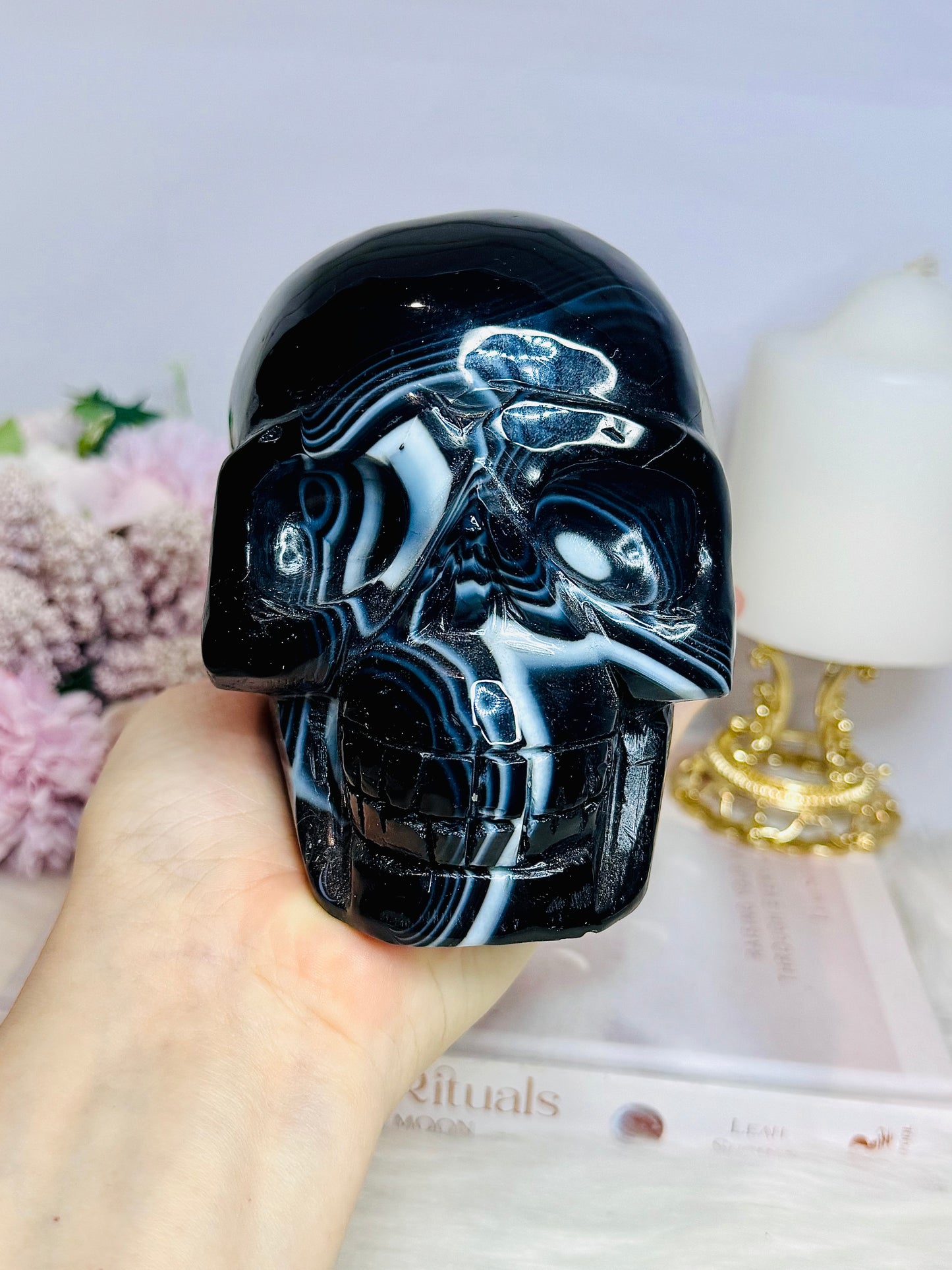 Huge Black Striped Agate Carved Skull 1.85KG 13cm