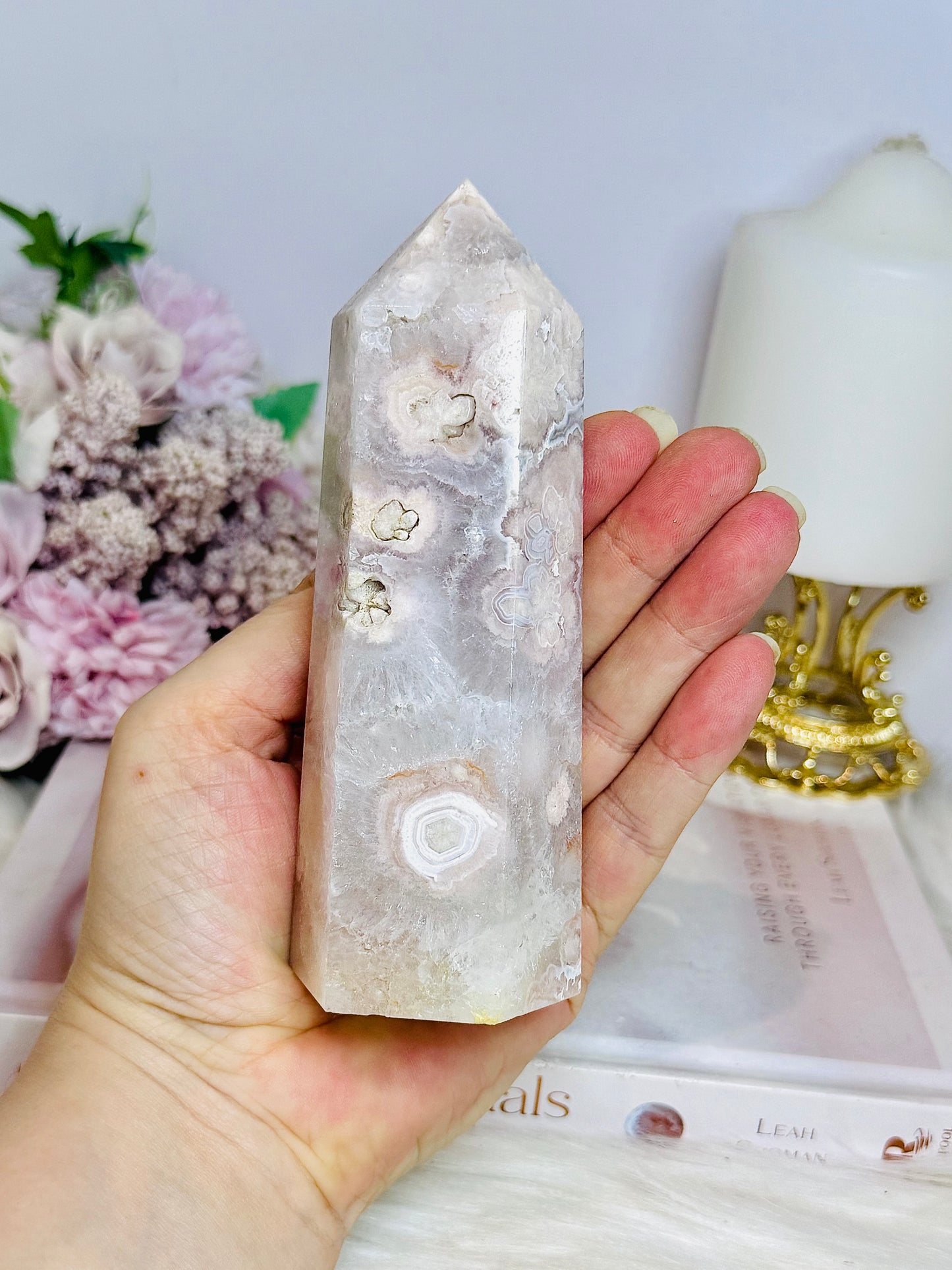 High Grade Flower Agate Druzy Tower 13cm