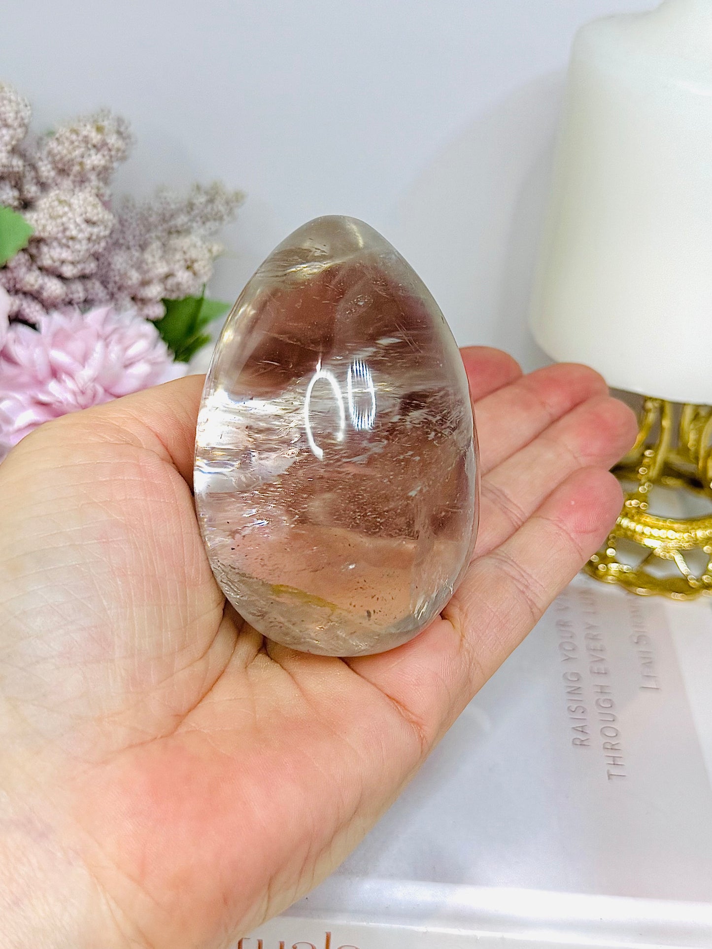 Large Quartz Egg On Stand with Rainbows 280g