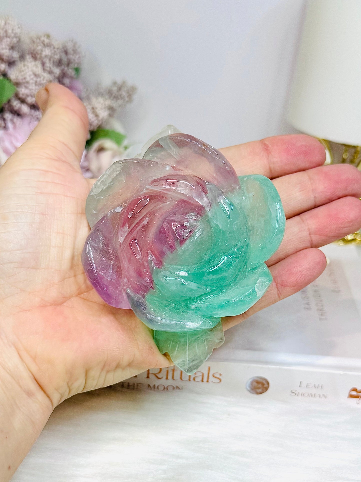 Large Watermelon Fluorite Carved Flower | Rose 10cm