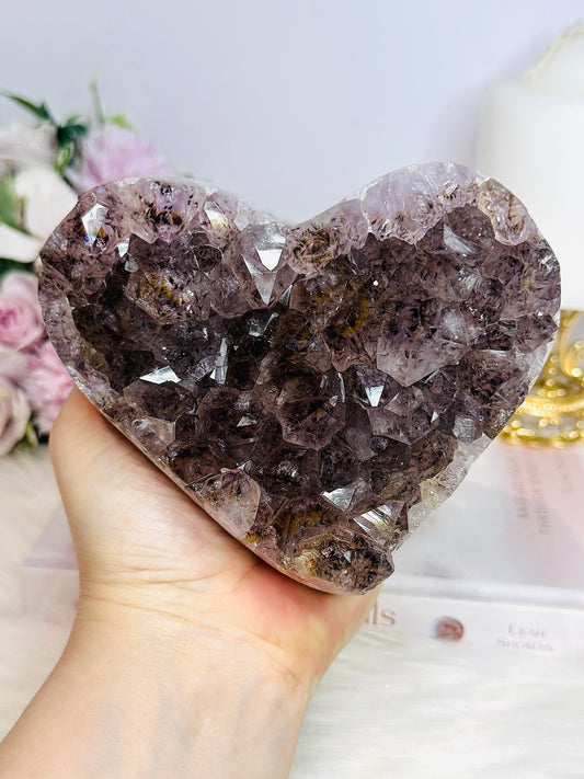 Large Natural Amethyst Carved Chunky Heart 944g with Goethite Inclusions