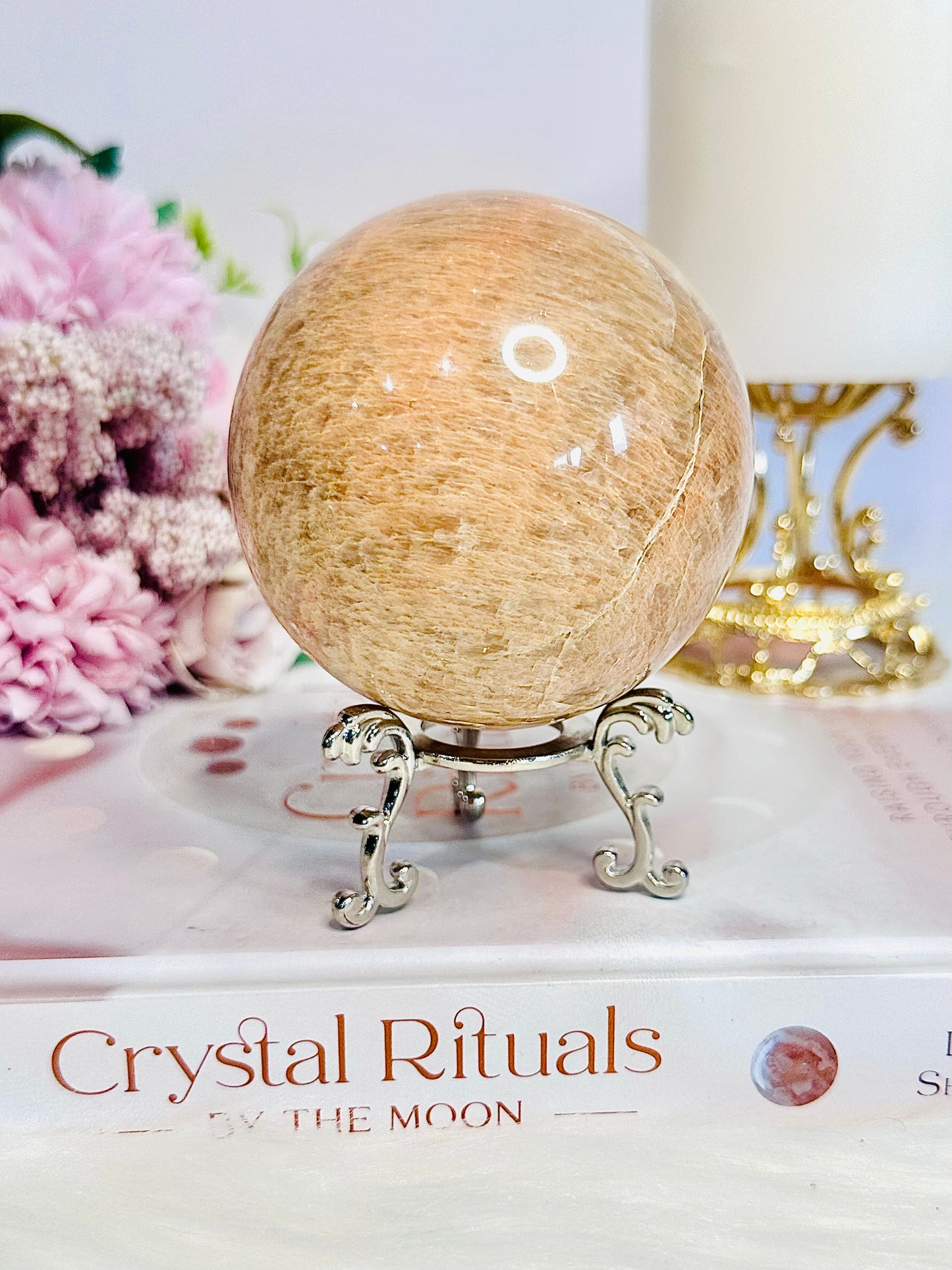 Gorgeous Large 478gram Peach Moonstone Sphere with Amazing Flash On Stand