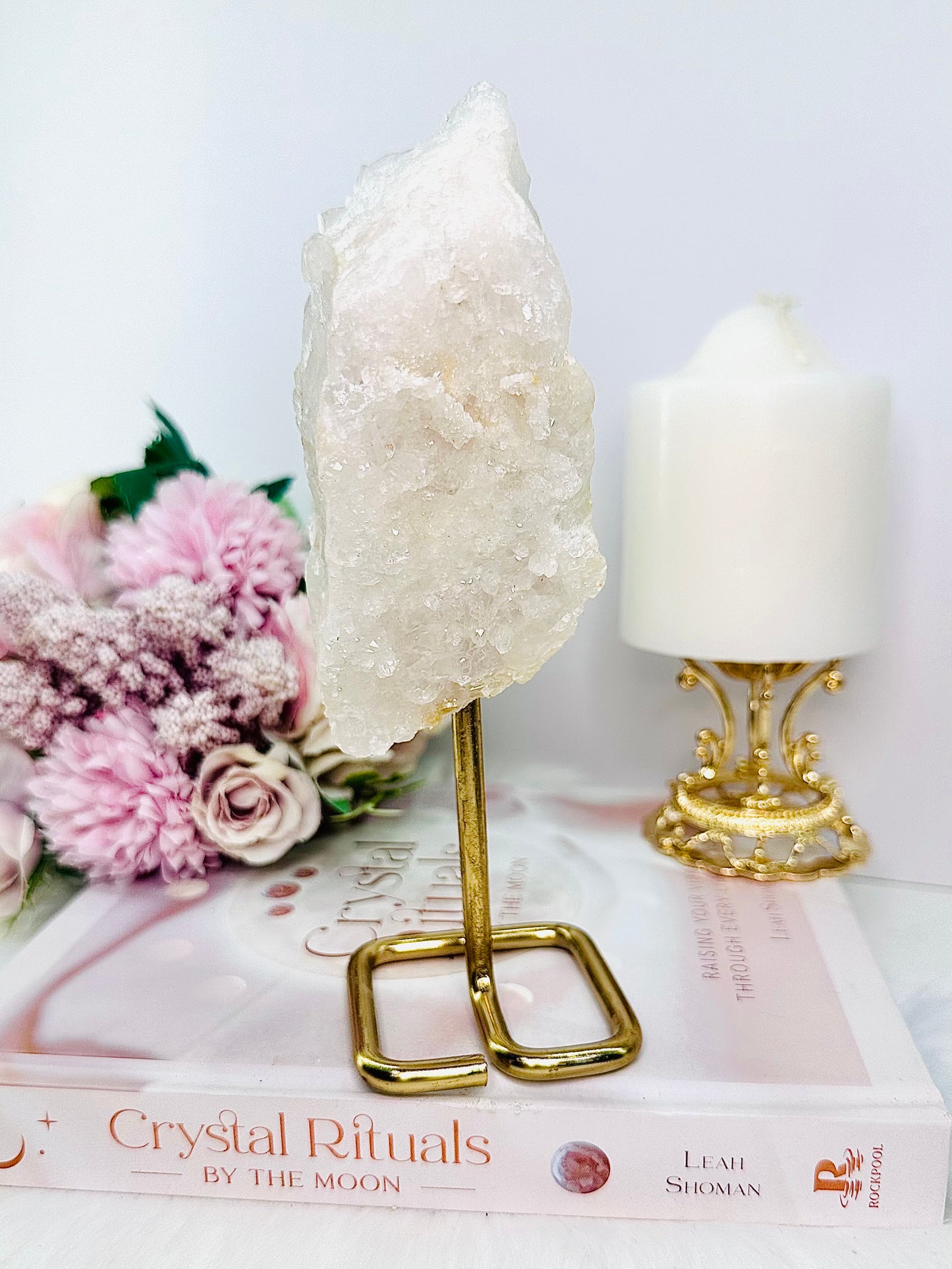 A Master Healer ~ Absolutely Stunning Large 18cm Shiny Natural Clear Quartz Cluster On Gold Stand From Brazil