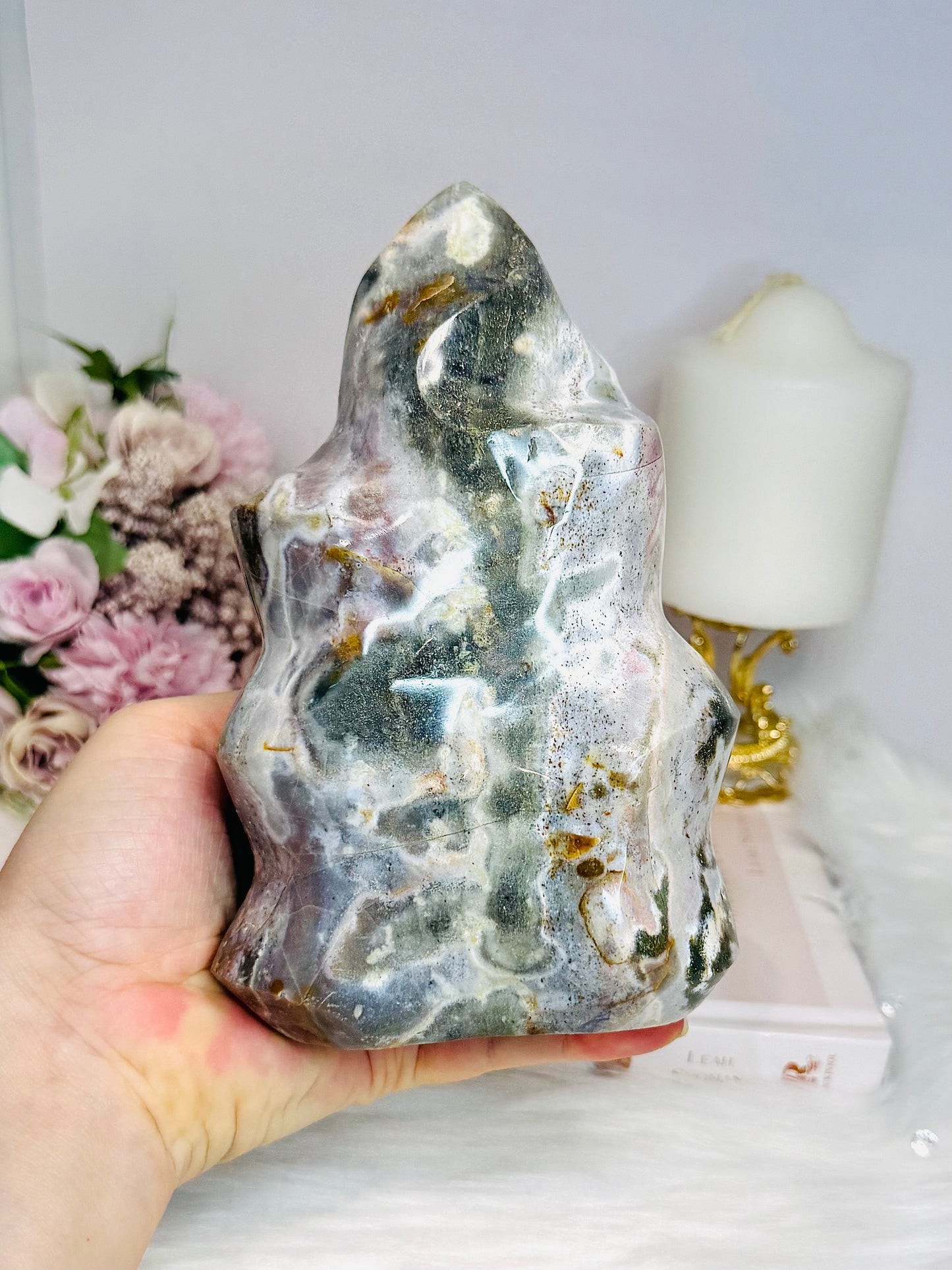 Large Ocean Jasper Carved Flame 17.5cm 1.49KG