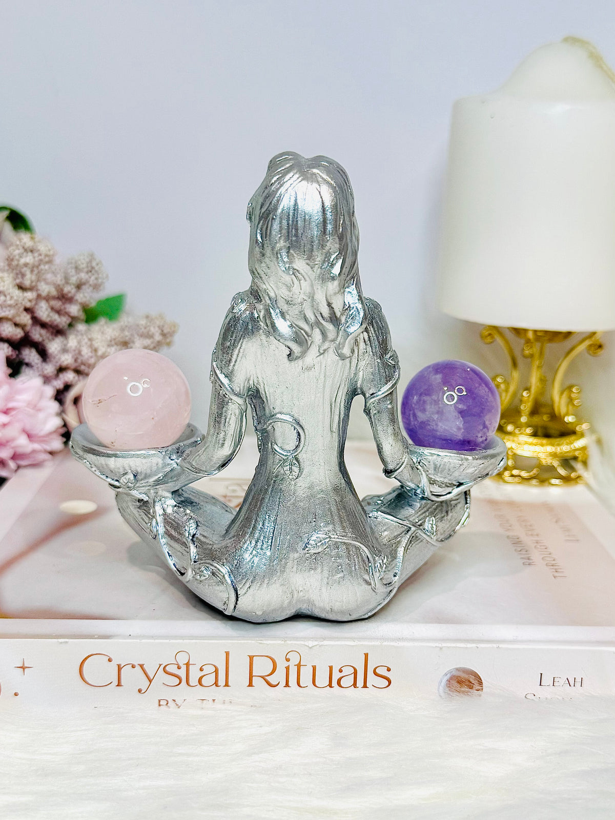 Silver Sacred Goddess with Amethyst & Rose Quartz Spheres 12cm