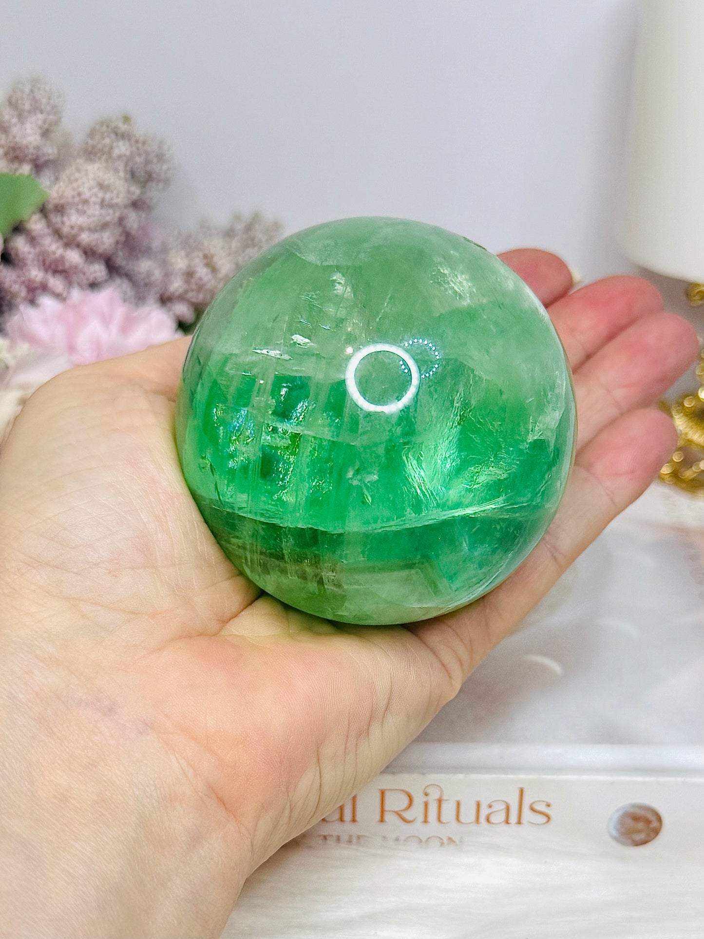 Large Green Fluorite Sphere Full of Rainbows 557g
