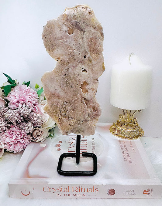 Gorgeous 23.5cm Druzy Pink Amethyst Natural Slab On Stand From Brazil