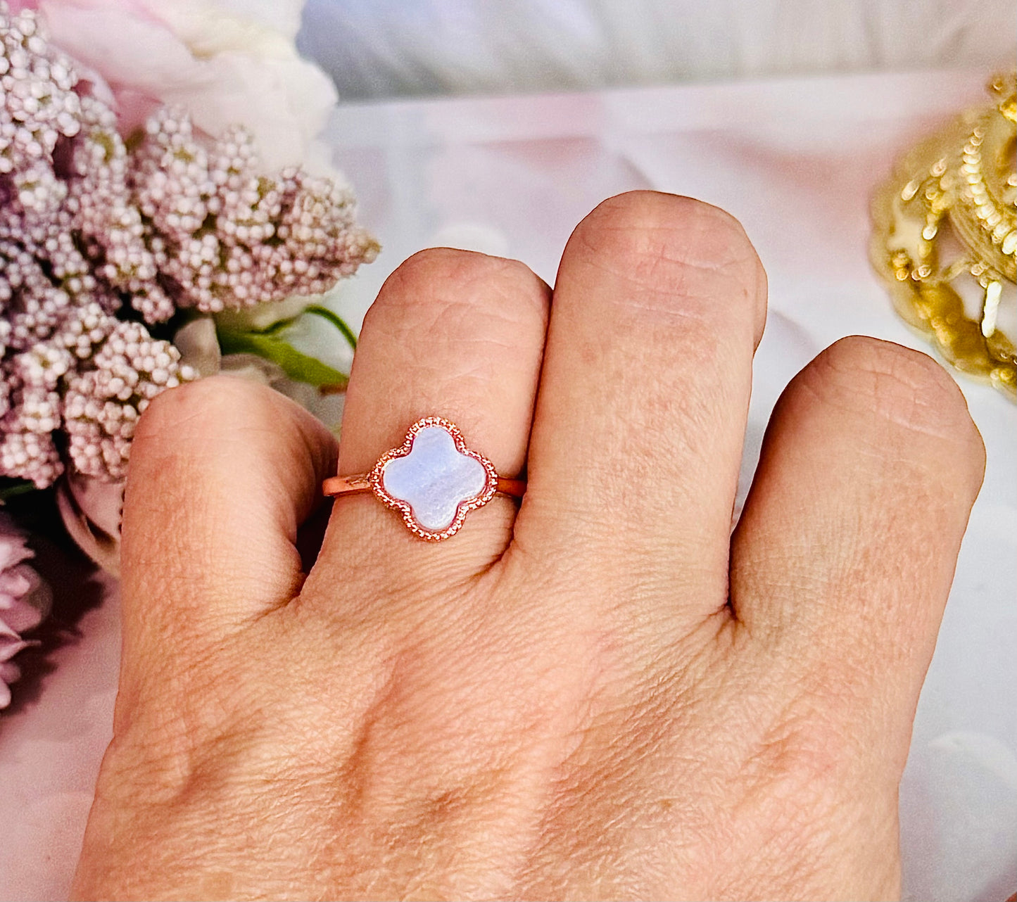 Stunning Rose Gold Blue Lace Agate Adjustable Ring In Gift Bag