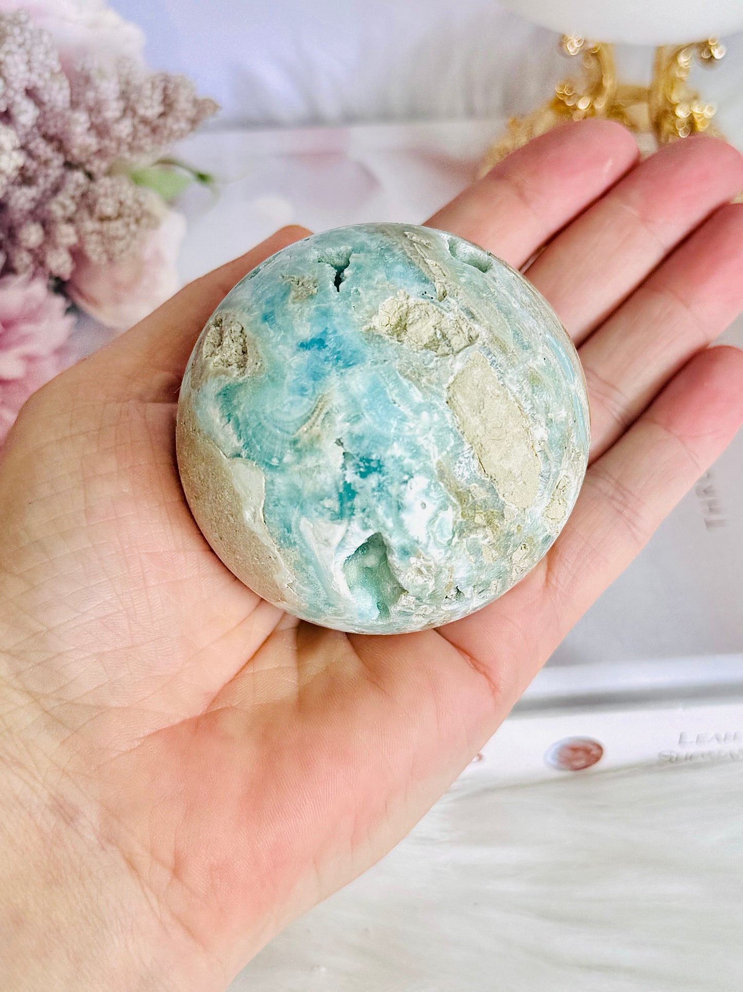 Beautiful Natural Blue Caribbean Calcite Sphere On Stand 304grams