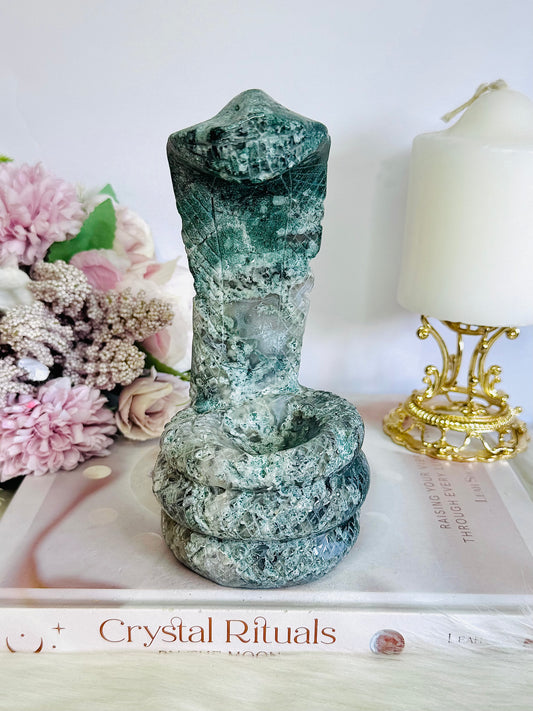 Moss Agate Large Carved Snake | Cobra 16cm