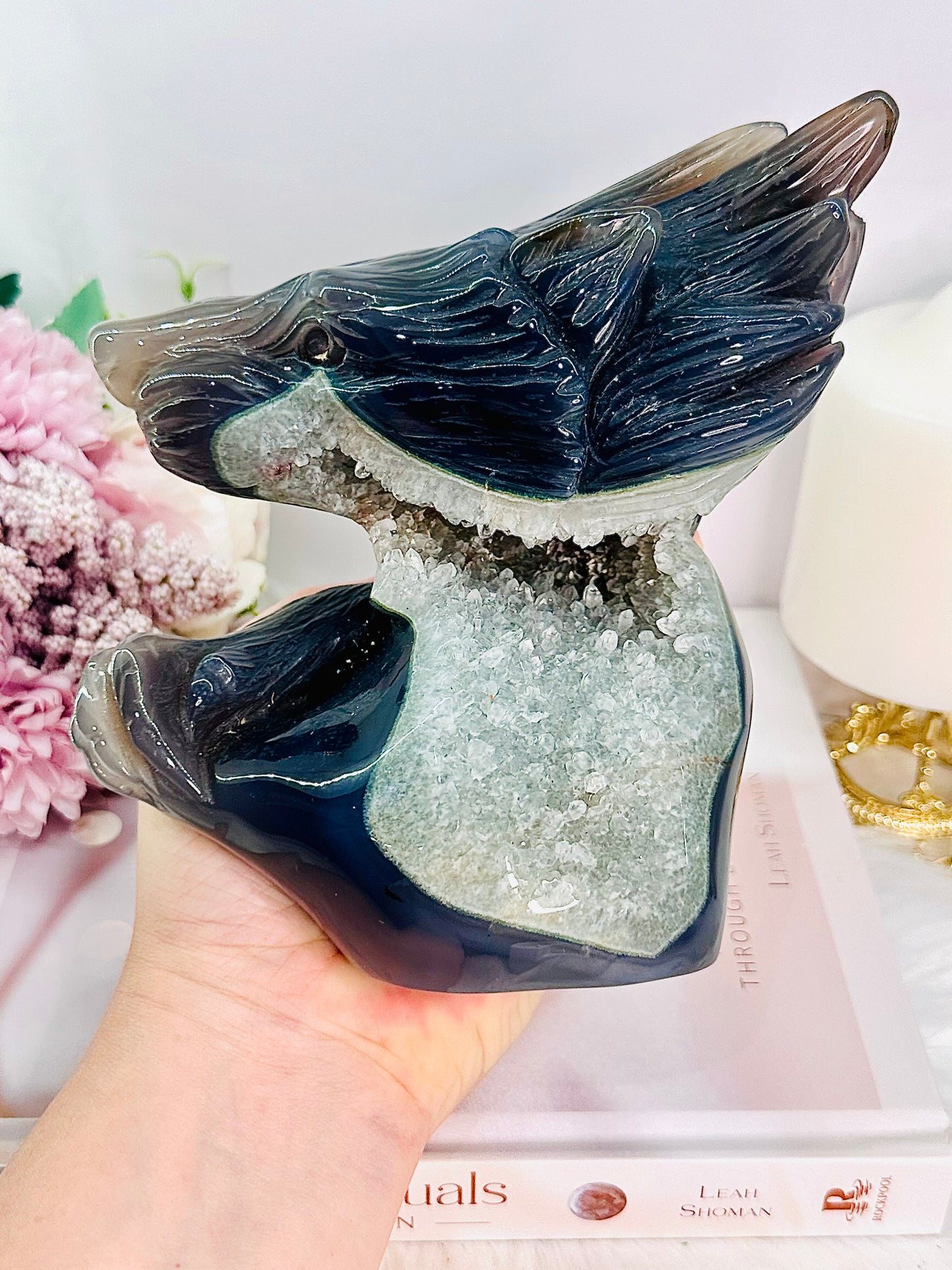 The Most SPECTACULAR Fabulous & Absolutely Stunning, Huge 1.38KG Druzy Agate Wolf Carving