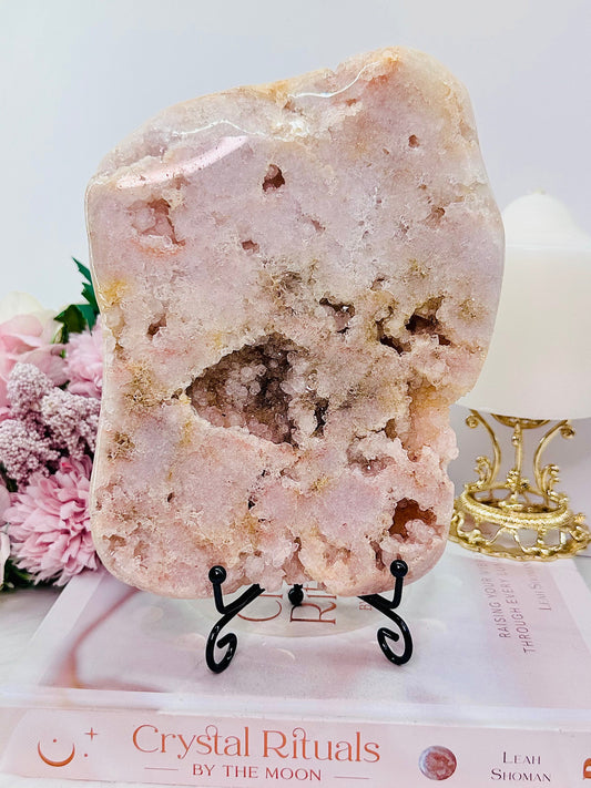Huge 20cm Chunky 1.2KG Druzy Pink Amethyst Slab | Platter from Argentina On Stand