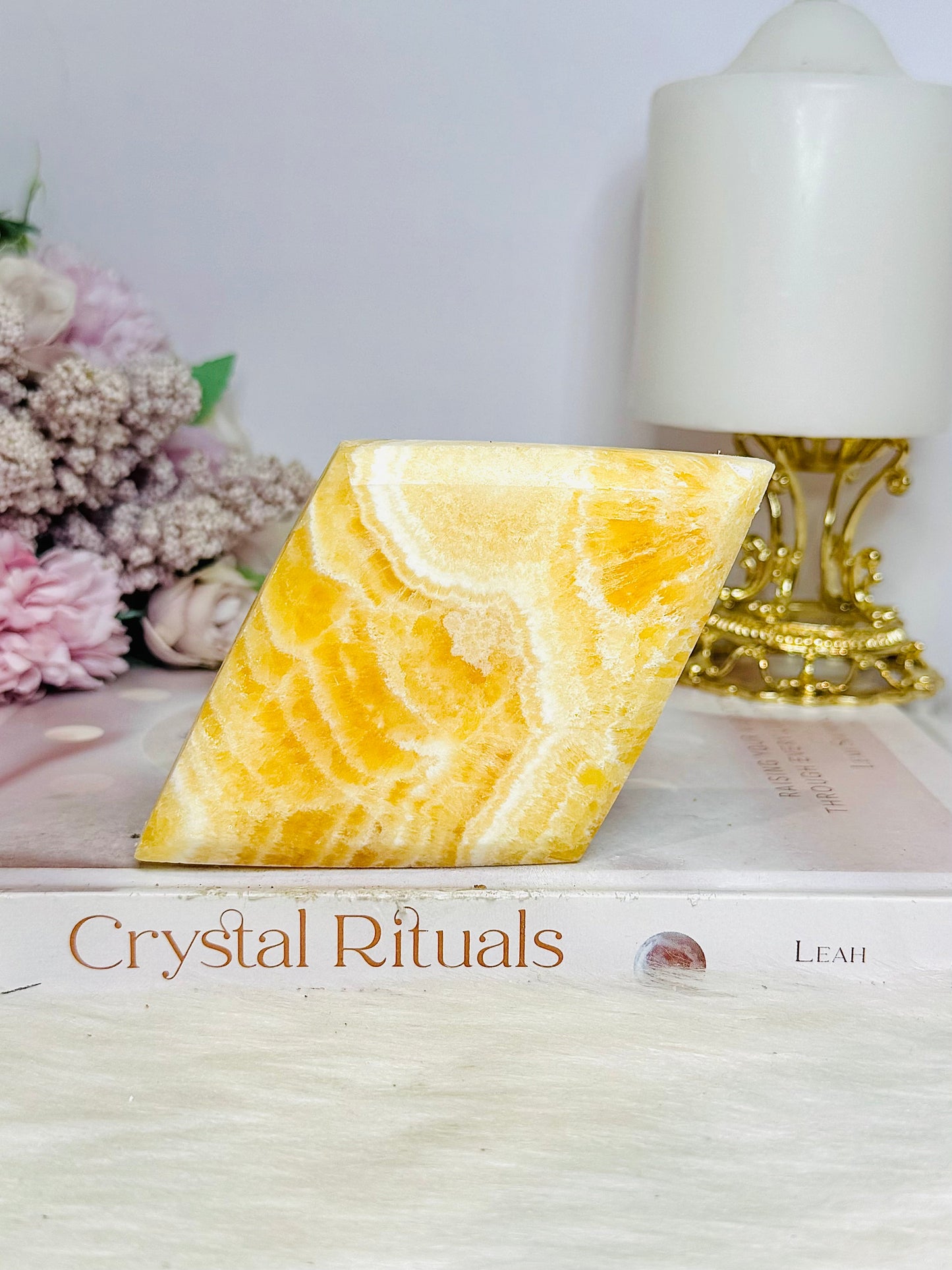Orange Calcite Diamond Carving On Stand 18cm