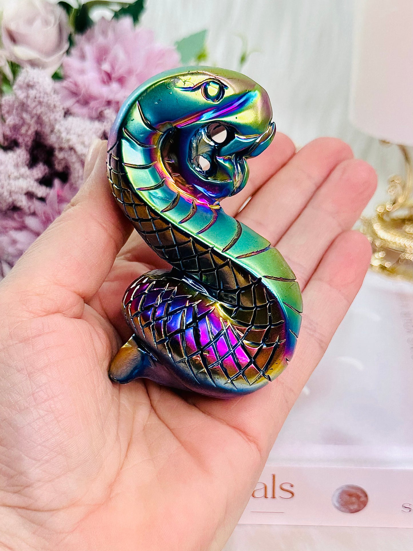 Fertility & Rebirth ~ Amazing Perfectly Carved Titanium Aura Quartz Bright Colourful Snake