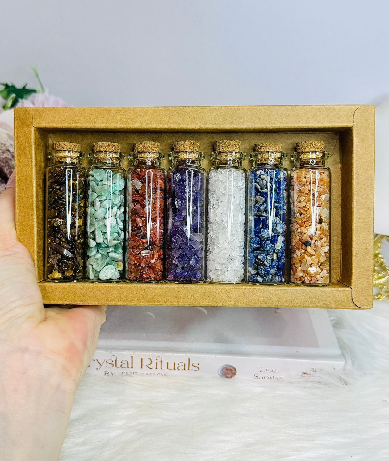 Set Of 7 Glass Chakra Crystal Chip Bottles 18cm
