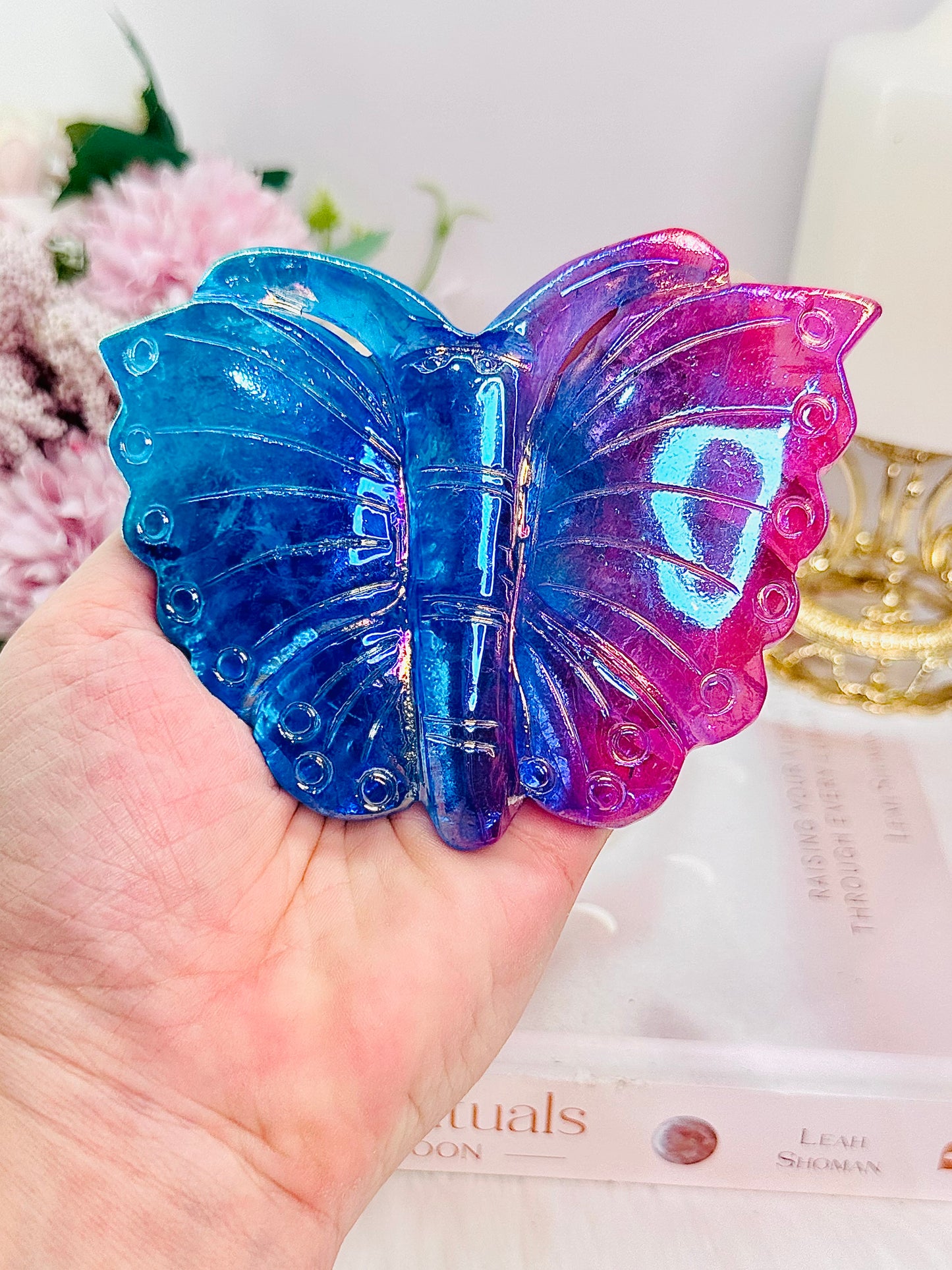 Bright & Beautiful Aura Quartz Butterfly Carving On Stand 11cm