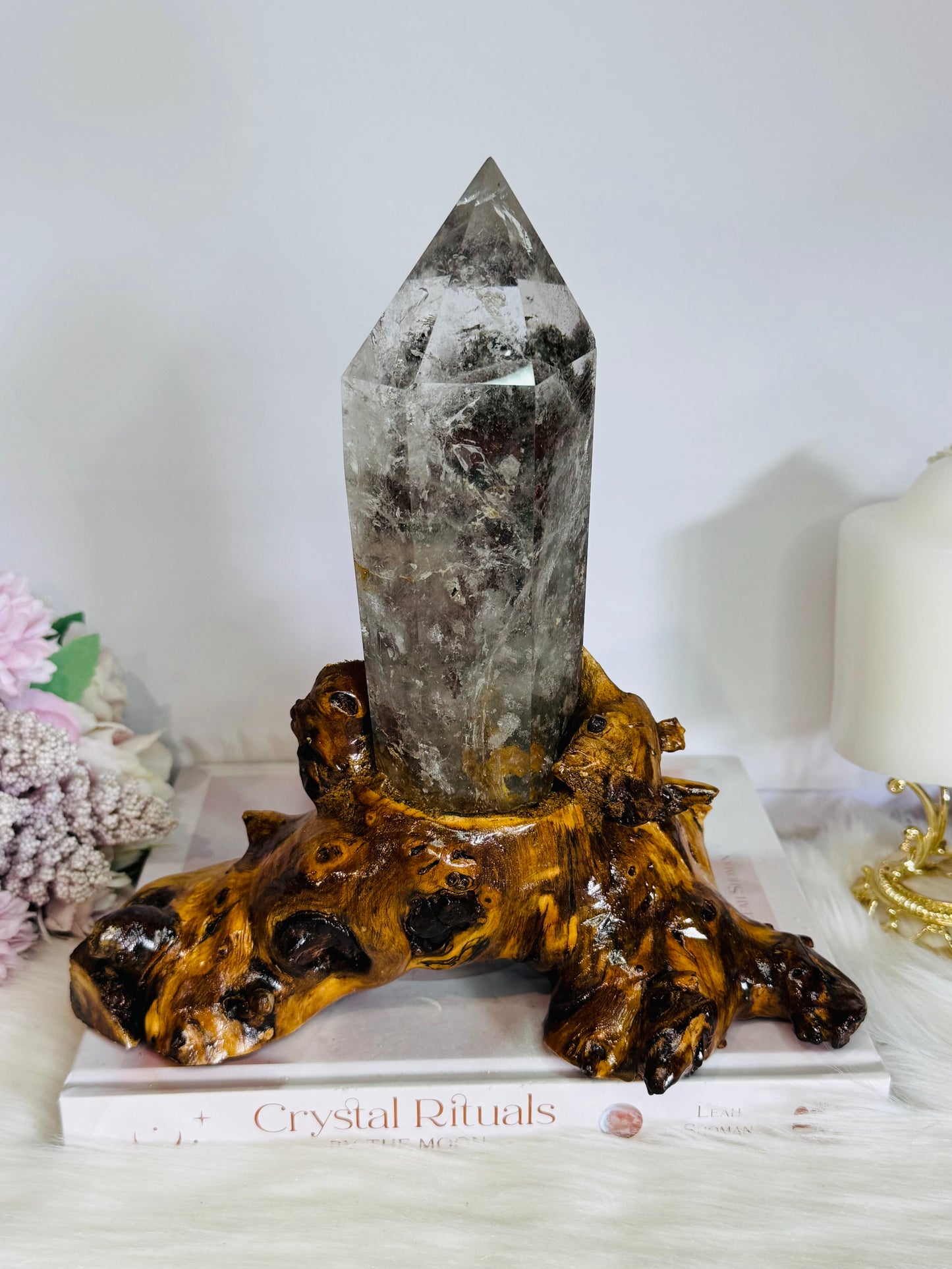 Stunning Large High Grade Garden Quartz | Lodolite Tower on Timber Base 1.02KG 21cm