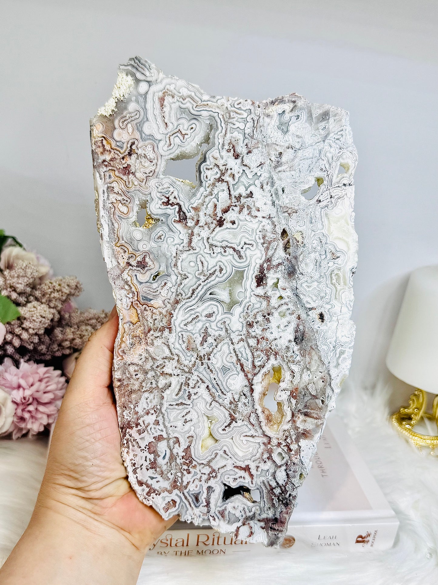 Large Natural Mexican Lace Agate Druzy Slab on Stand 22cm