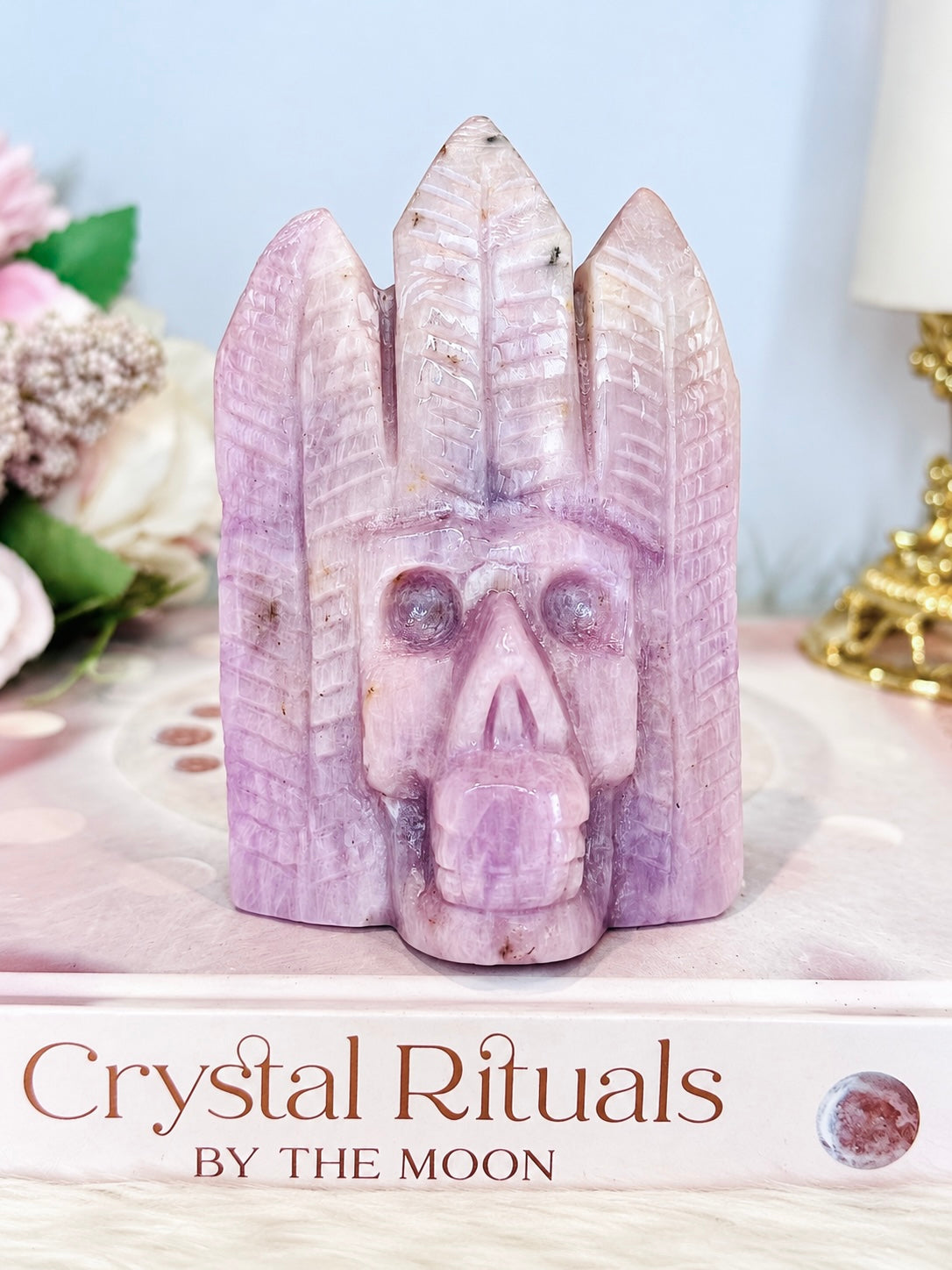 High Grade Kunzite Carved Indian Skull 9cm 200g