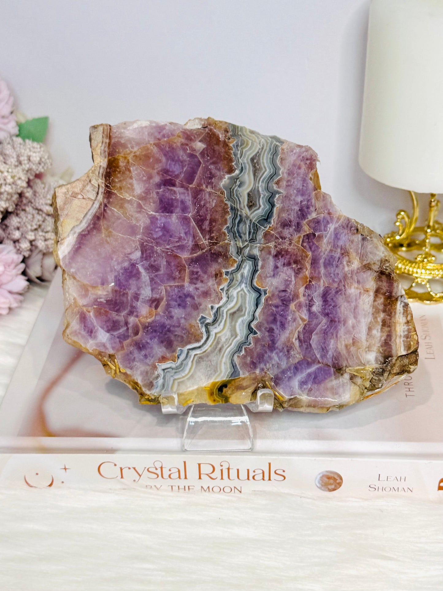 Large Natural Crazy Lace Amethyst Slab 16cm On Stand