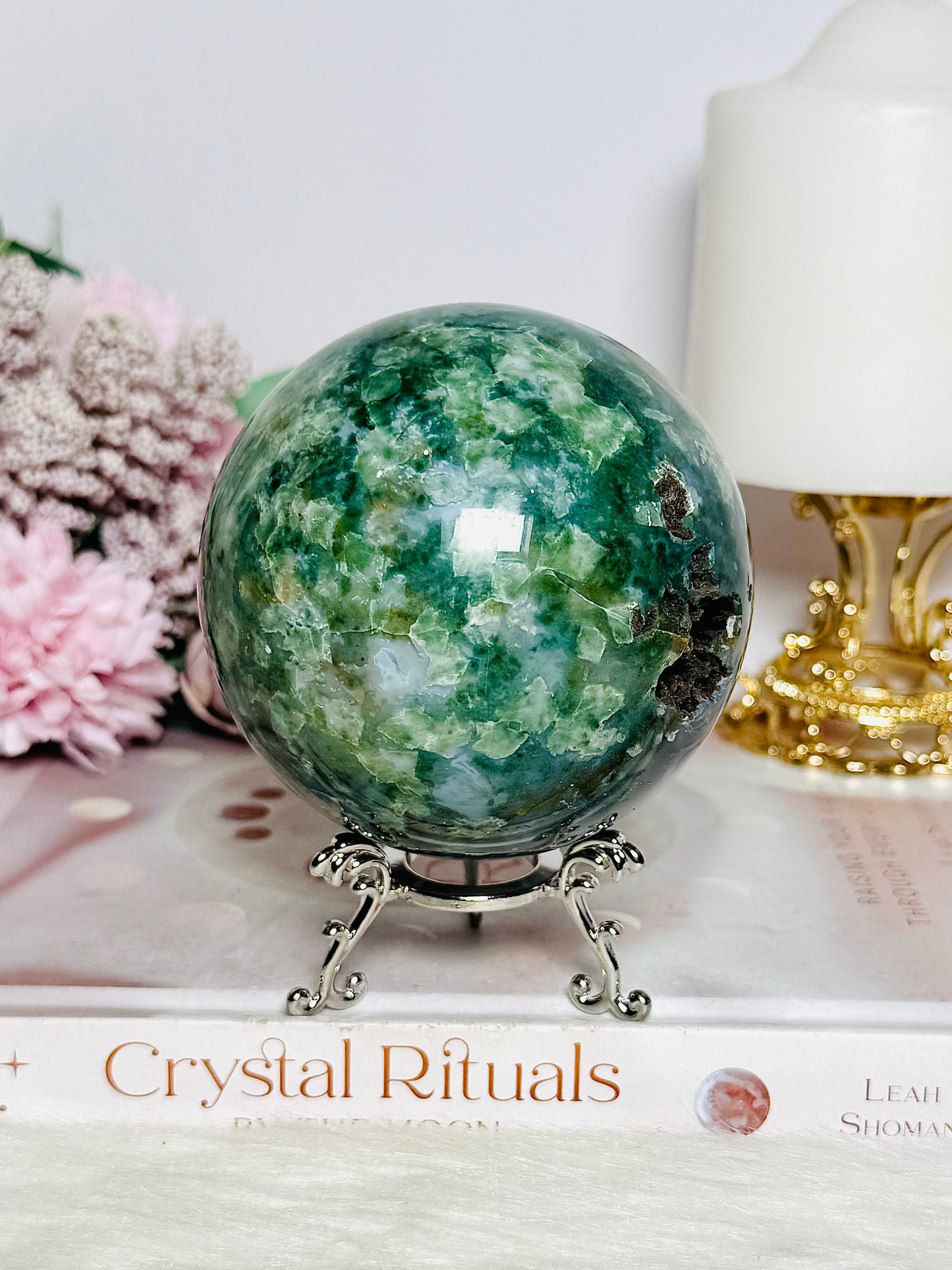 Large Moss Agate Druzy Sphere on Stand 756g