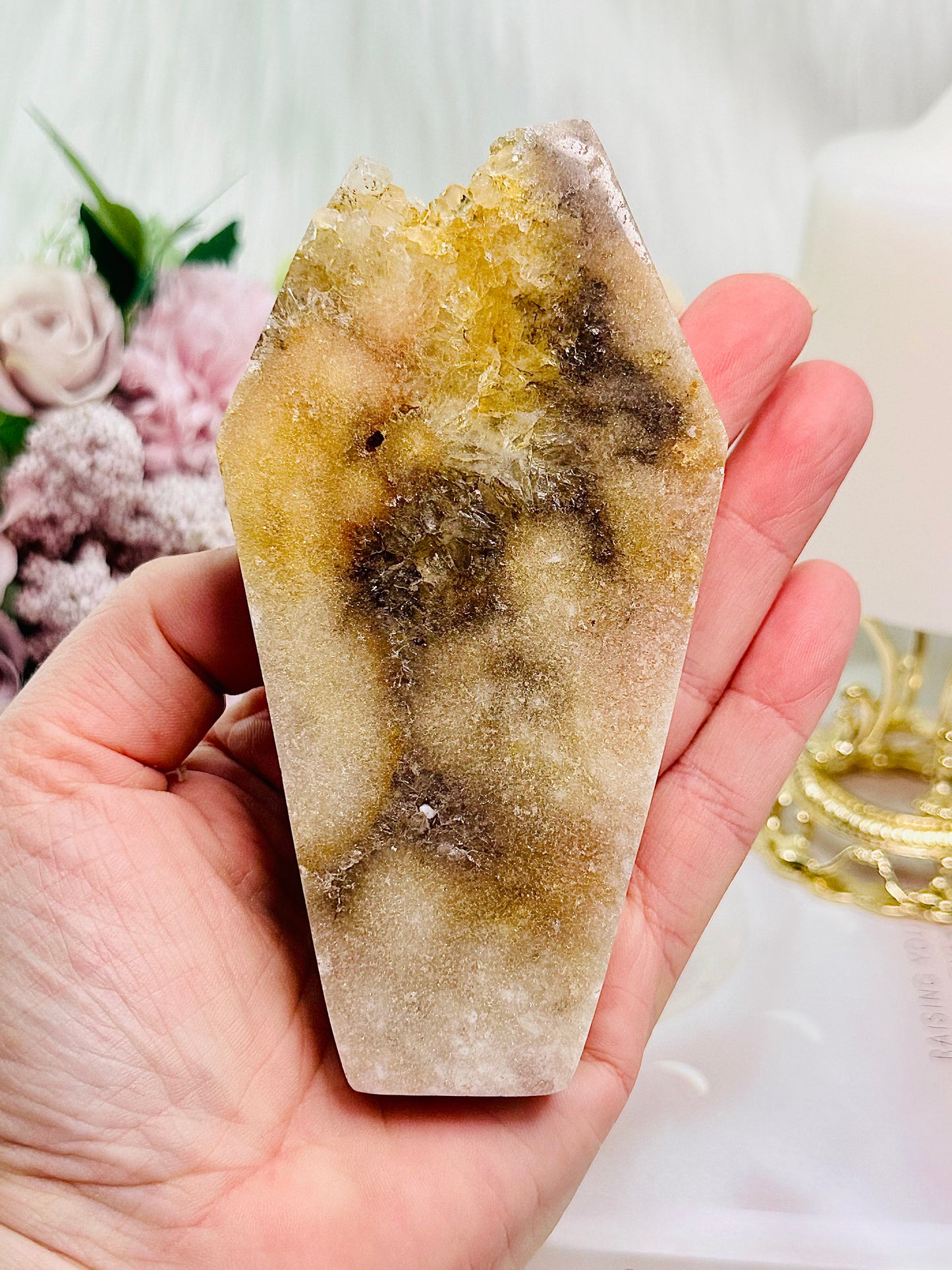 Gorgeous Druzy Pink Amethyst Chunky Coffin Carving
